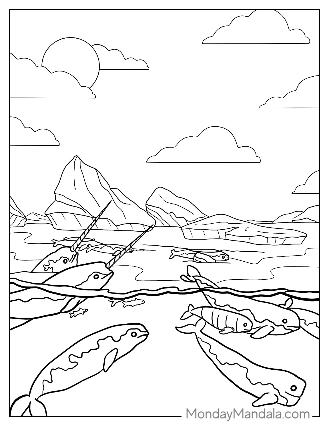 Detailed Narwhal Coloring Page In The Arctic To Color coloring page