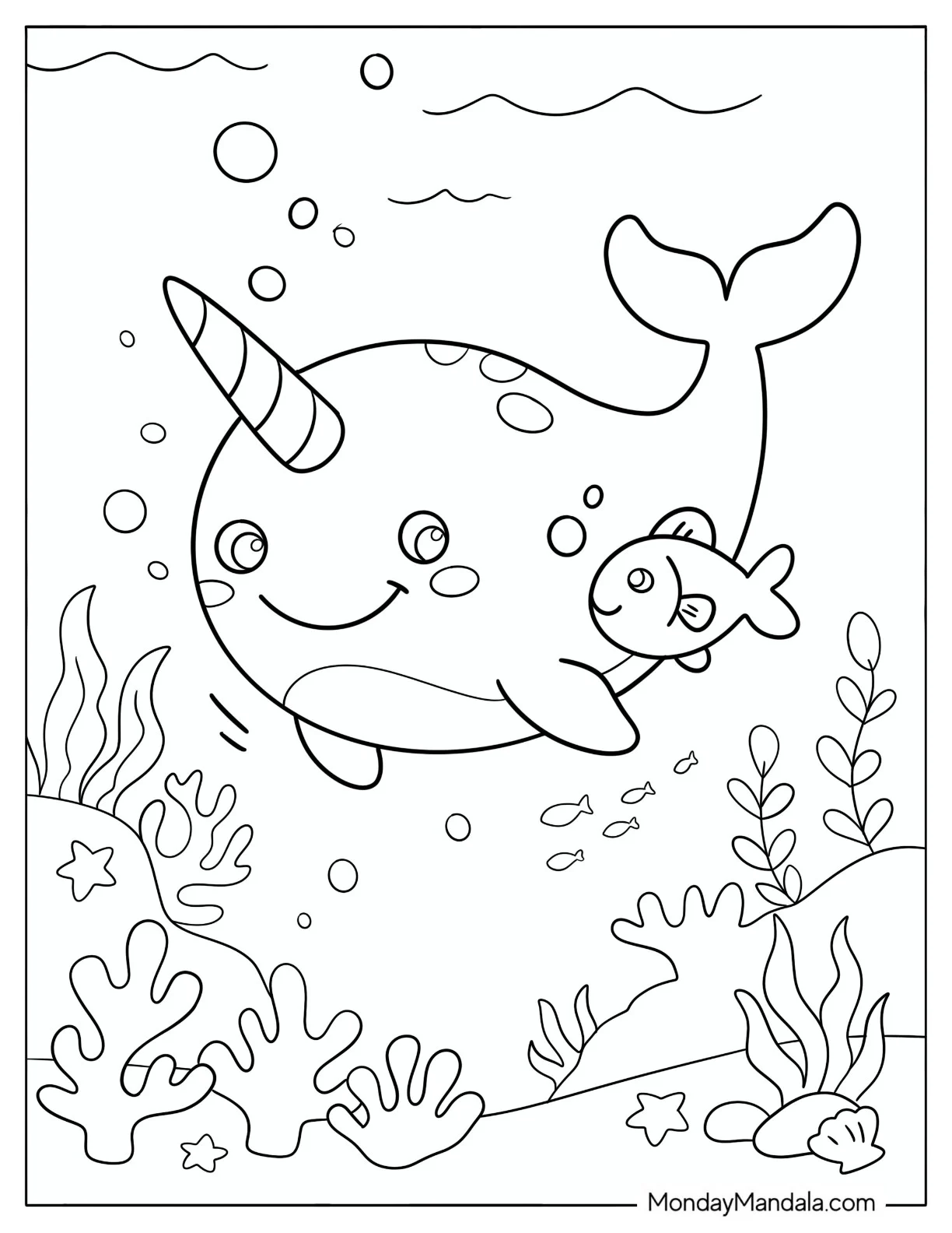 Friendly Narwhal Swimming with a Fish Coloring Sheet coloring page — printable line art