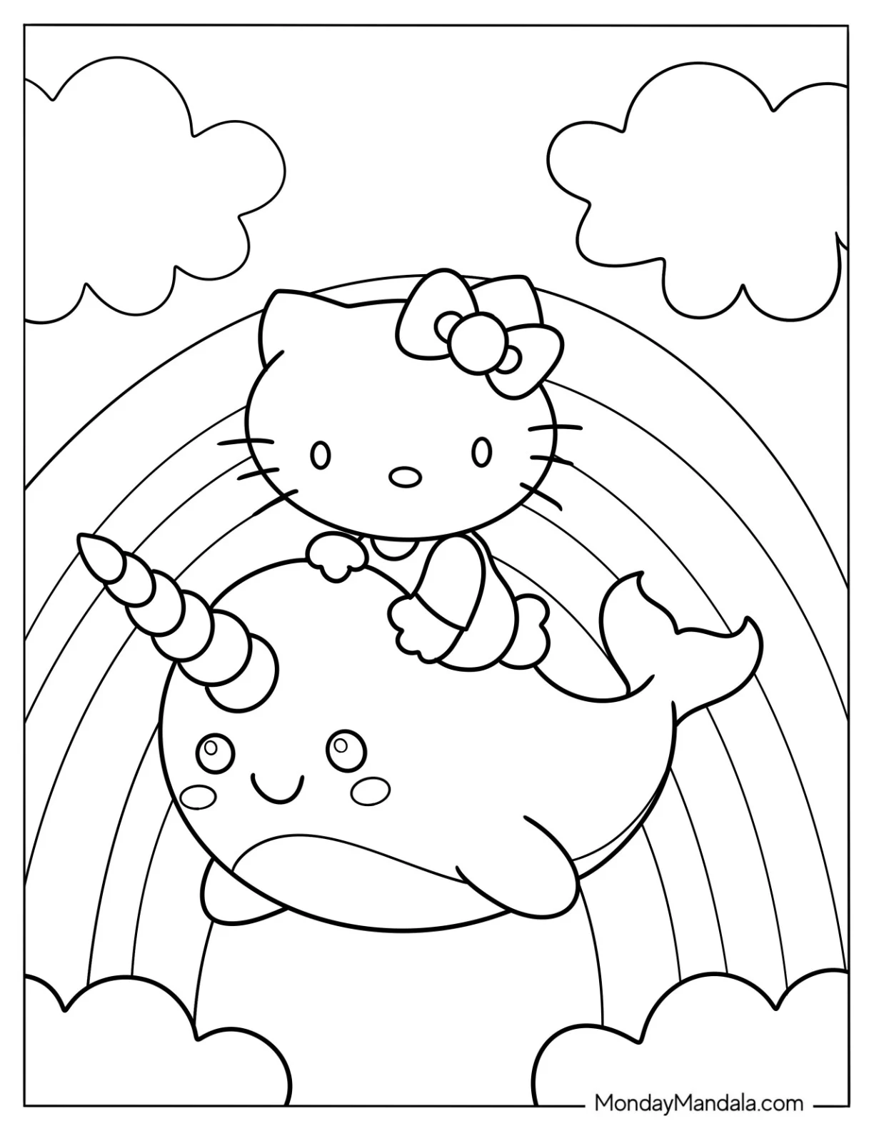 Hello Kitty Riding A Narwhal Coloring Page Over The Rainbow coloring page — printable line art