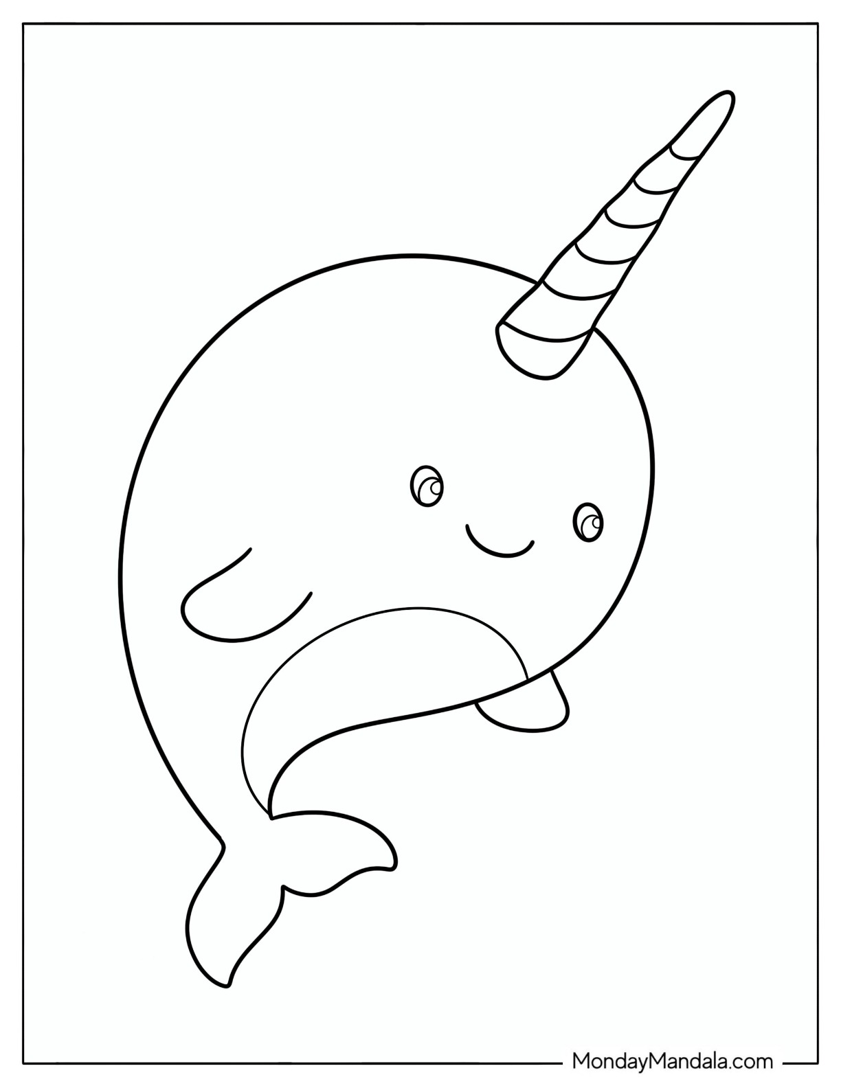 Kawaii Baby Narwhal Coloring Page for Preschoolers coloring page — printable line art