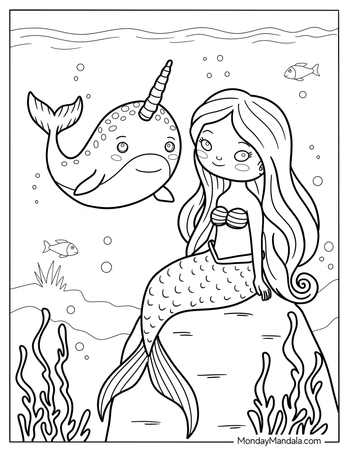 Kawaii Mermaid And Narwhal Coloring Page Under The Sea coloring page — printable line art