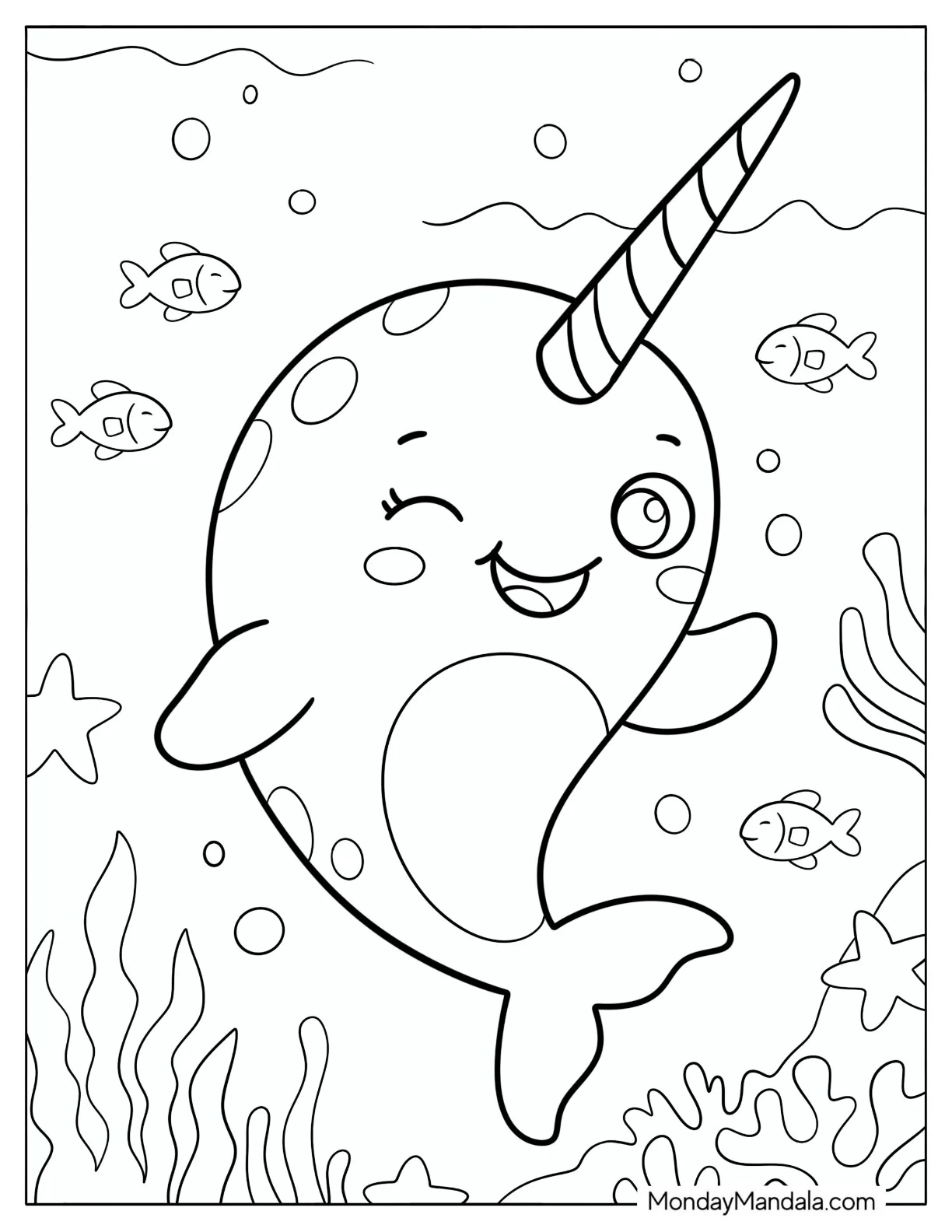 Kawaii Narwhal Winking Underwater Coloring Page for Preschoolers coloring page — printable line art