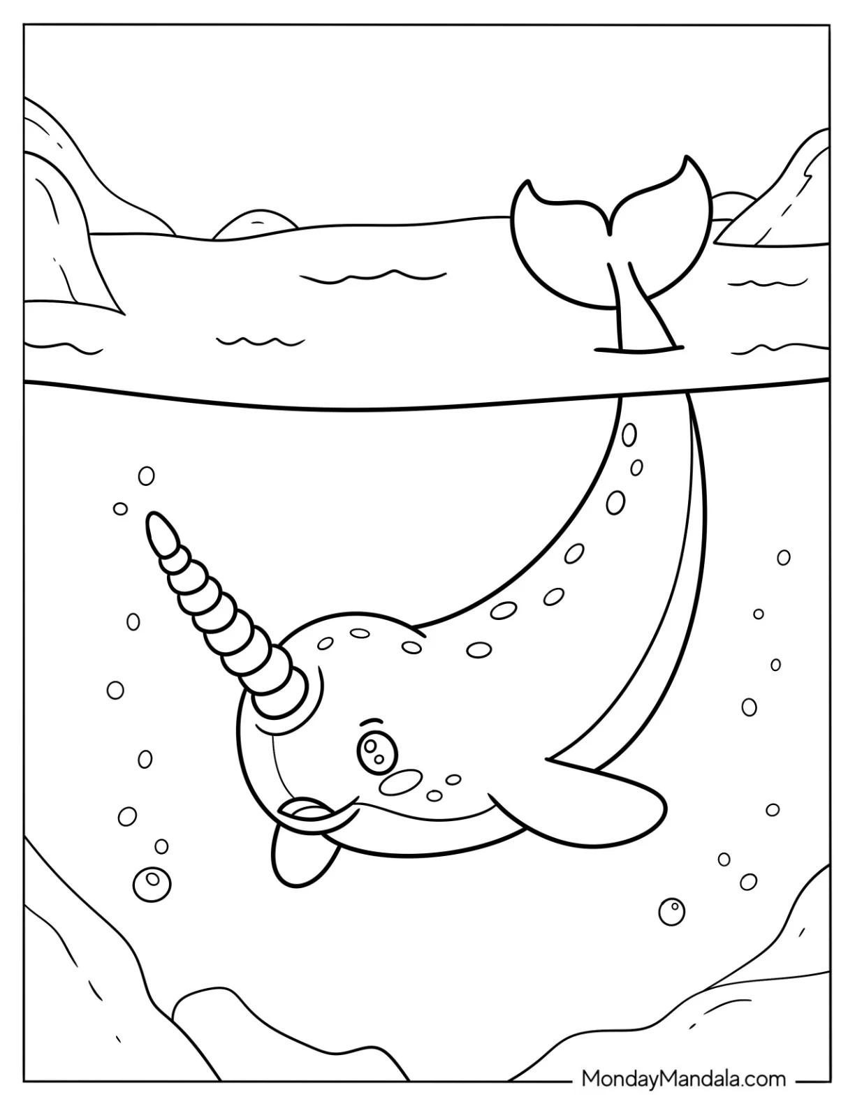 Large Narwhal Coloring Page With Tail Above The Water coloring page — printable line art