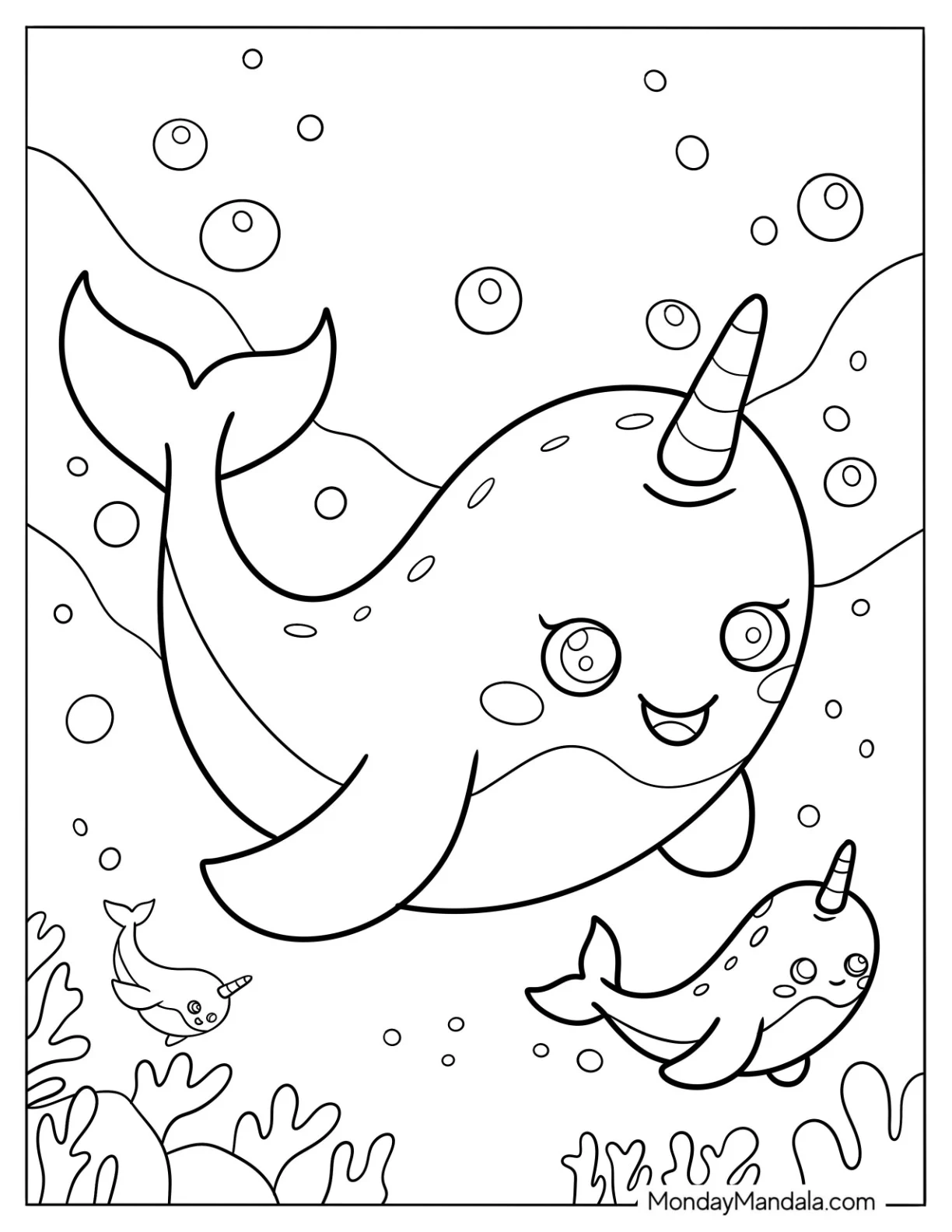 Mama And Baby Narwhal Coloring Page Surrounded By Bubbles coloring page — printable line art