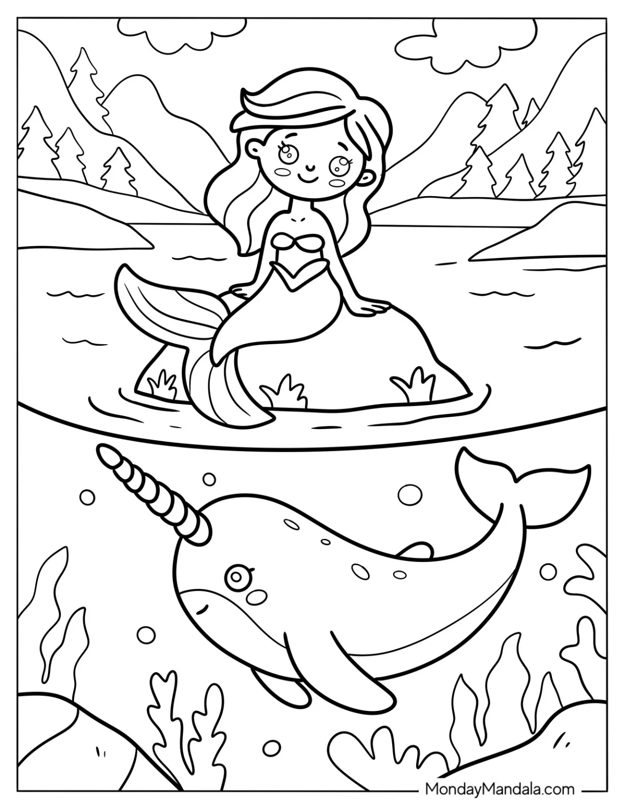 Mermaid Sitting On A Rock With Narwhal Coloring Page Underwater coloring page