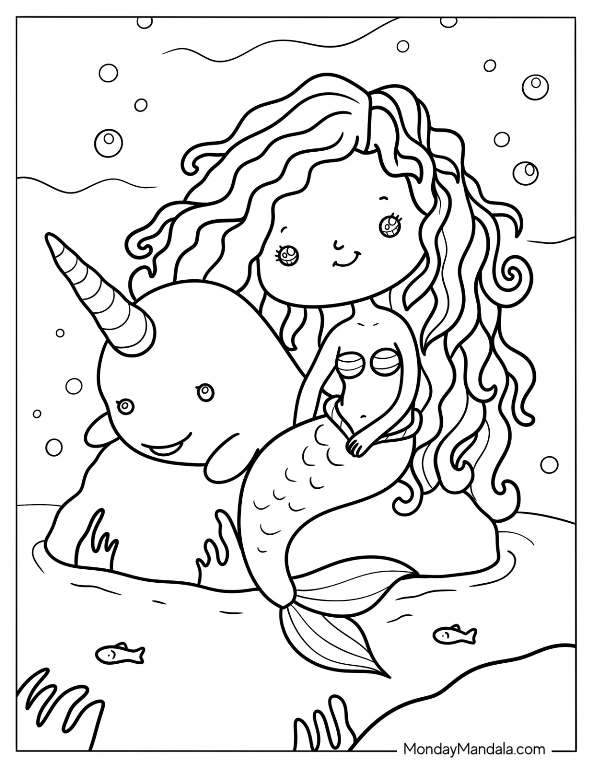 Narwhal Coloring Page And Mermaid Perched On A Rock For Kids coloring page — printable line art