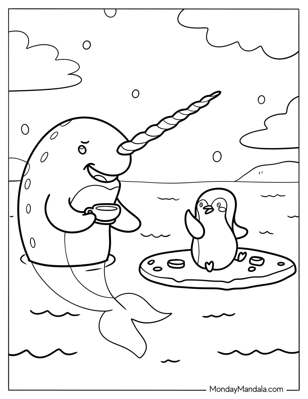 Narwhal Coloring Page Having Coffee With A Penguin coloring page