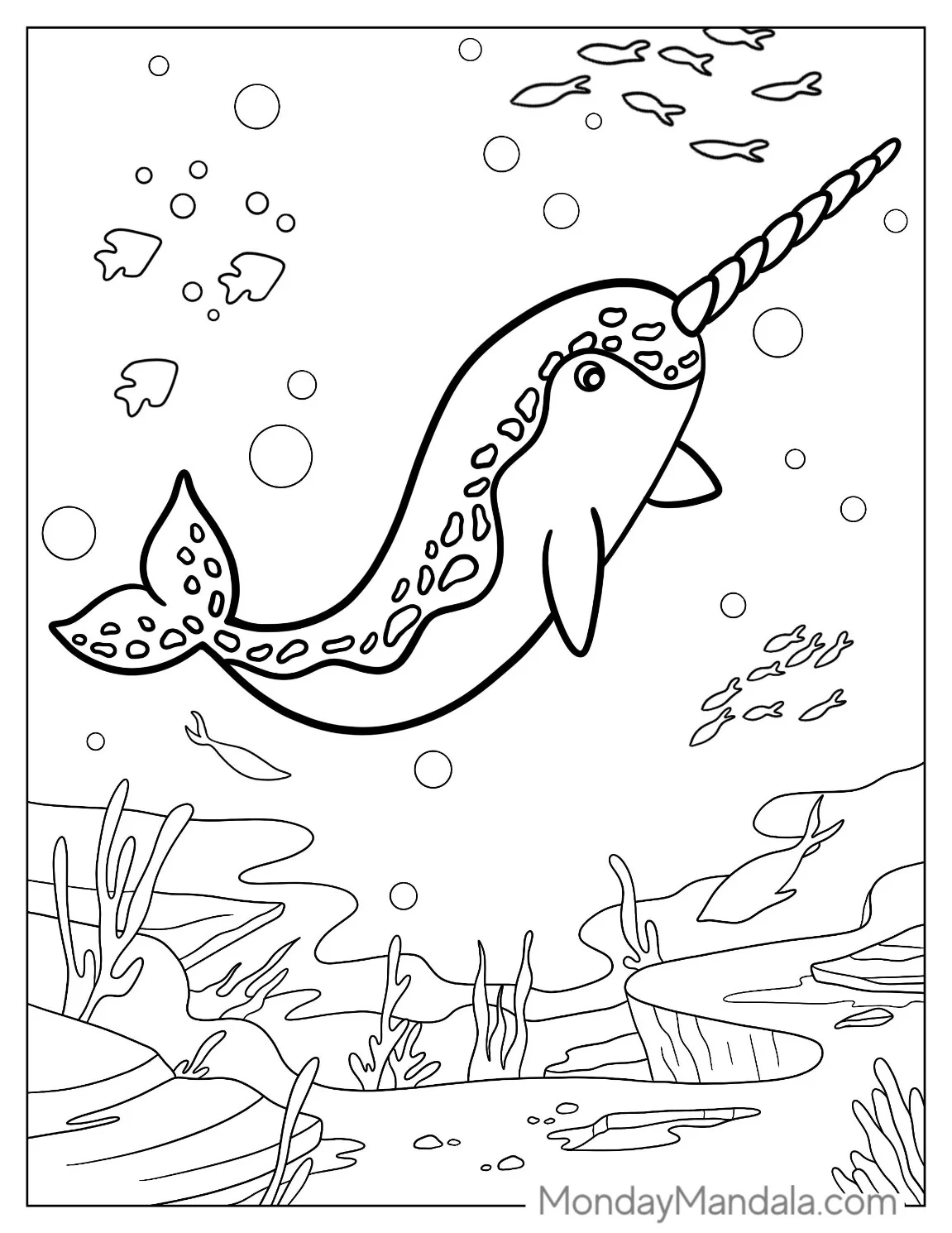 Narwhal Coloring Page Swimming Underwater With Aquatic Life coloring page
