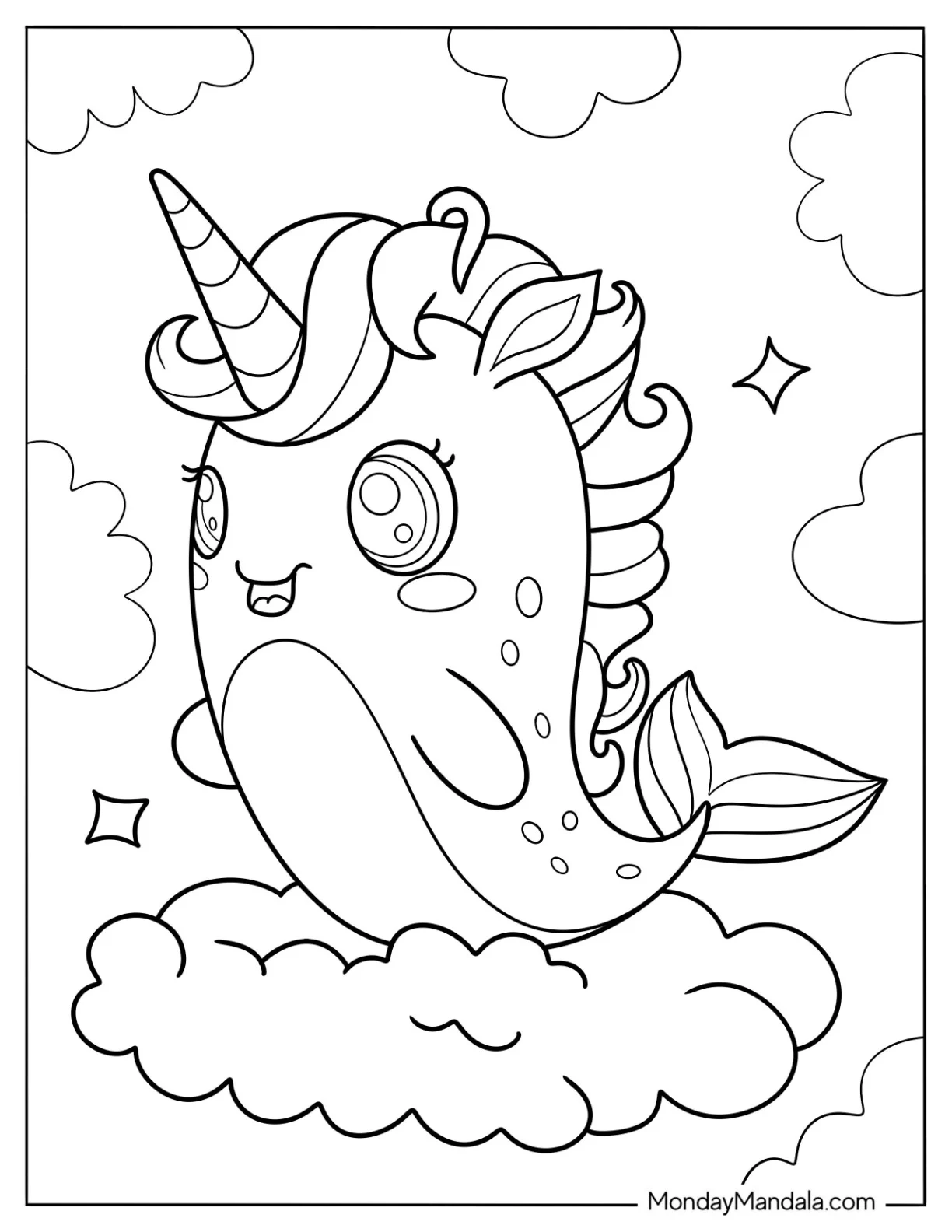 Narwhal Coloring Page With Pretty Mane In The Clouds For Kids coloring page — printable line art