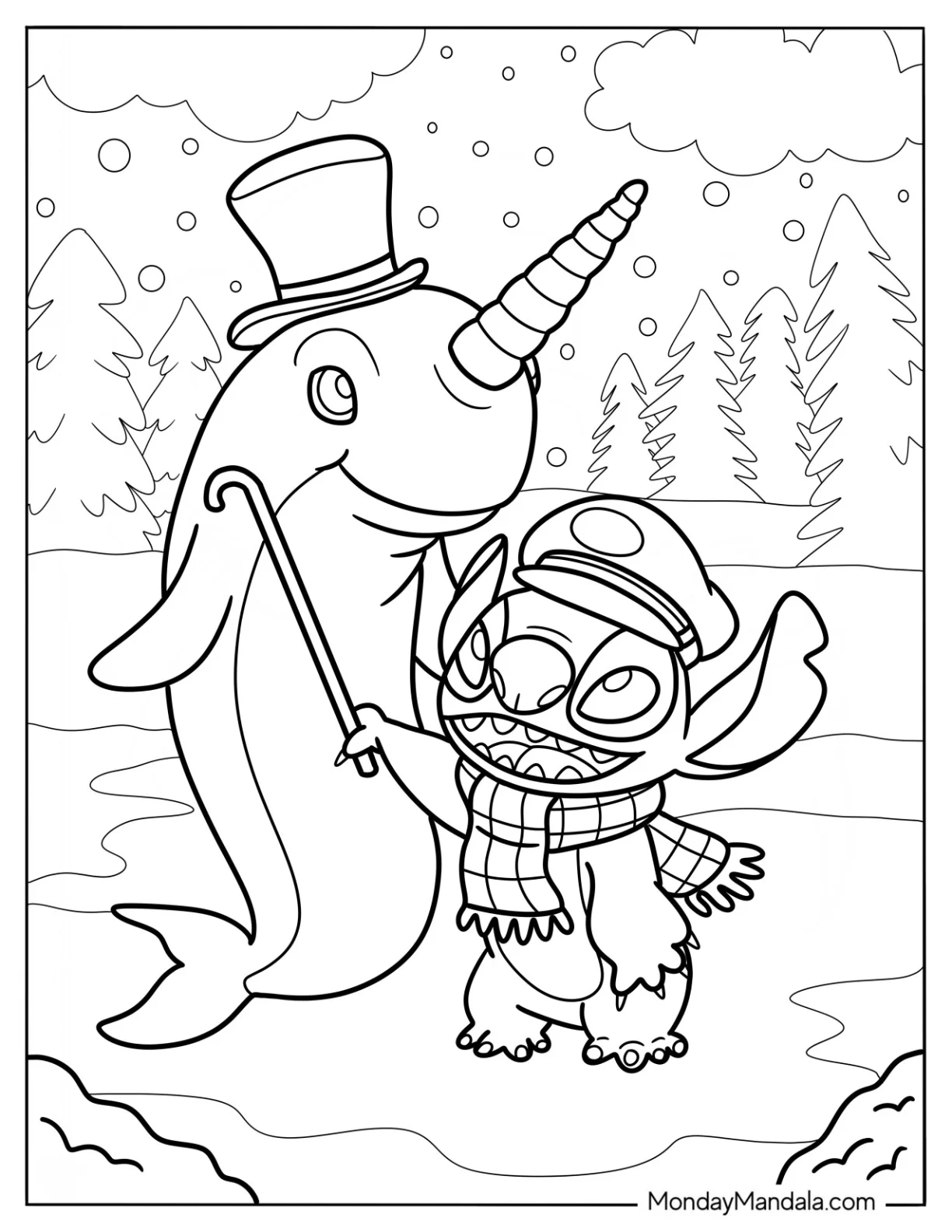 Narwhal Coloring Page With Top Hat Standing With Stitch In The Snow coloring page