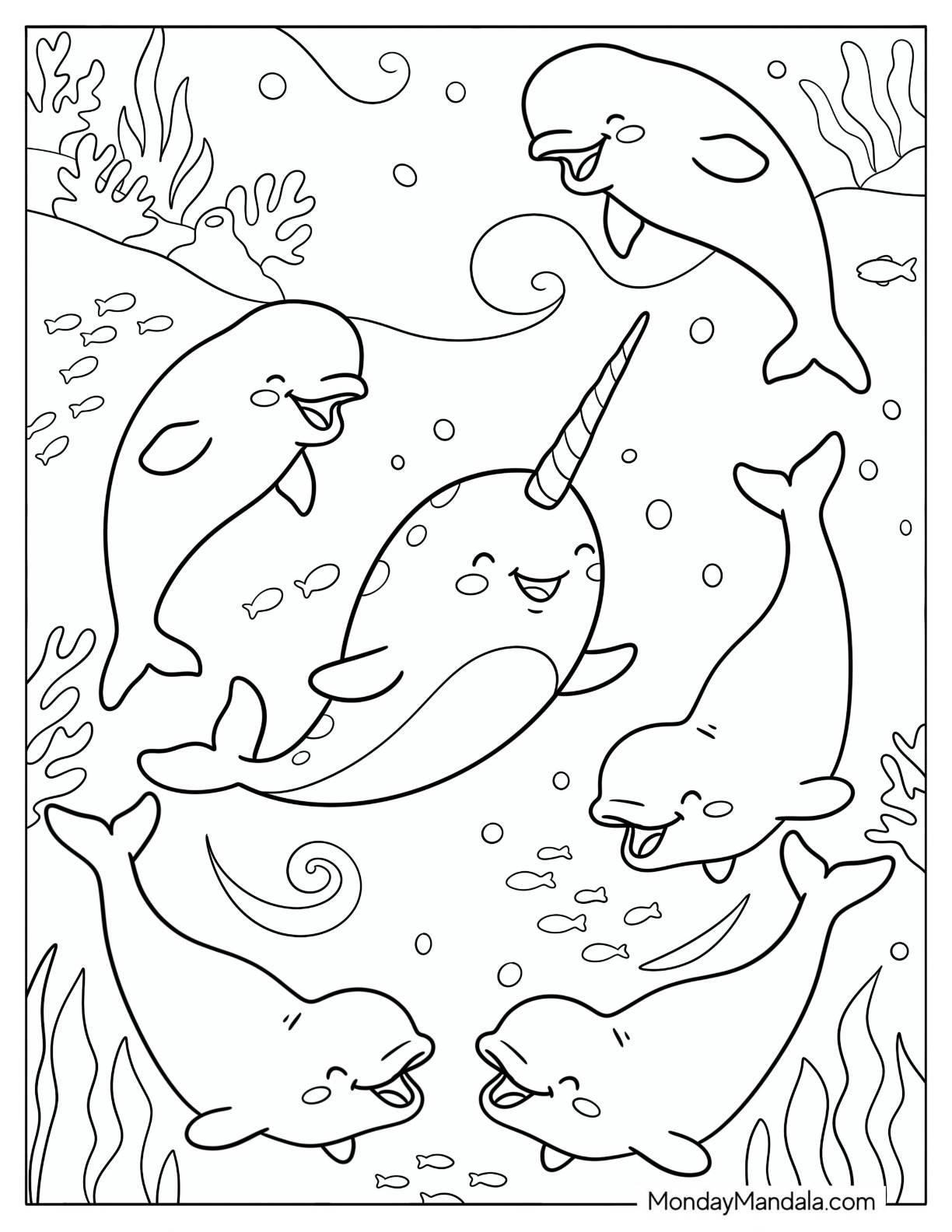 Narwhal Dancing in the Water with Dolphins Coloring Page coloring page