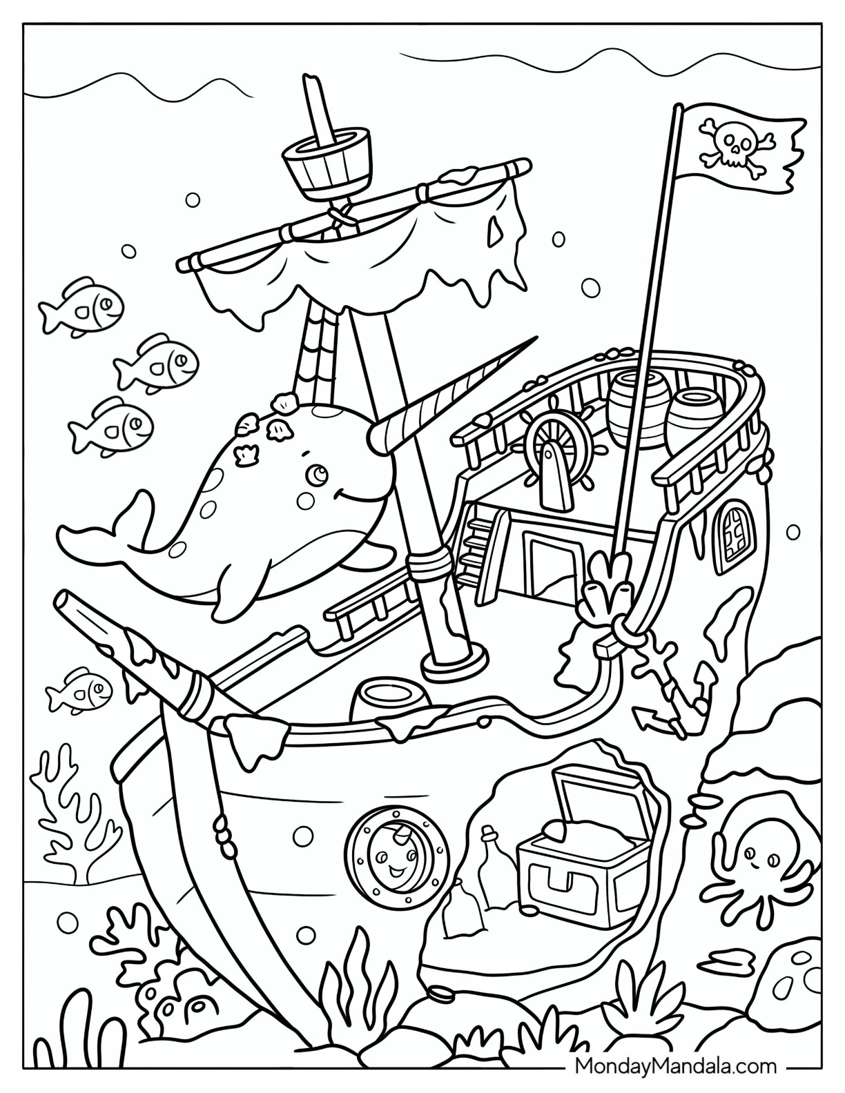 Narwhal Exploring a Sunken Ship Coloring Sheet coloring page — printable line art