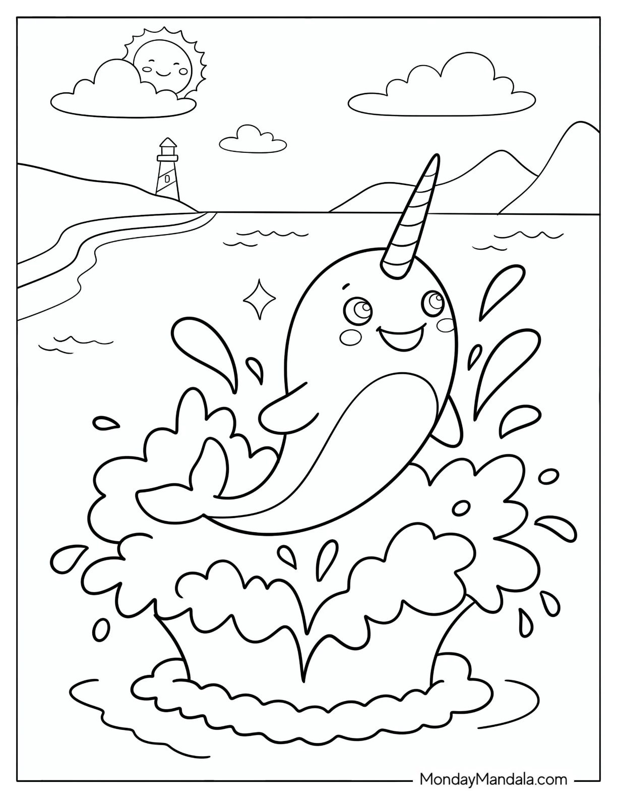 Narwhal Leaping Out of the Water Coloring Sheet coloring page