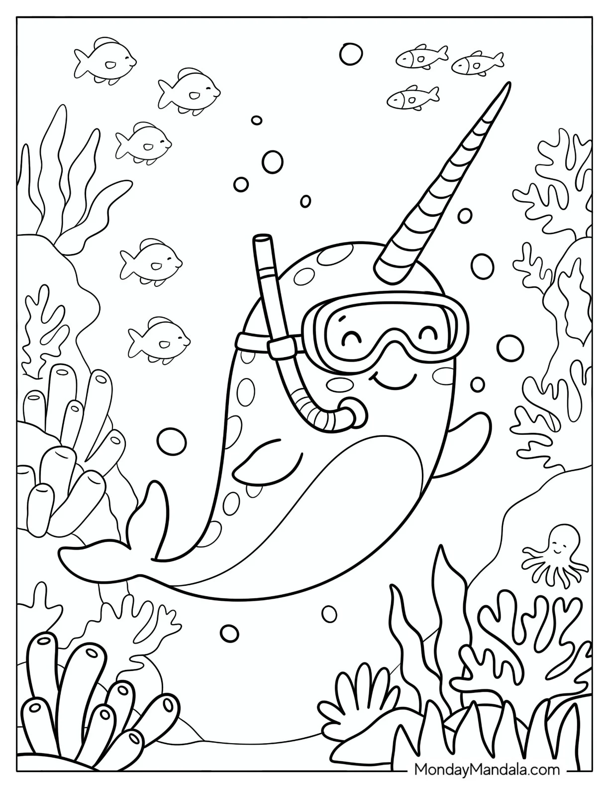 Narwhal Snorkeling in a Coral Reef coloring page