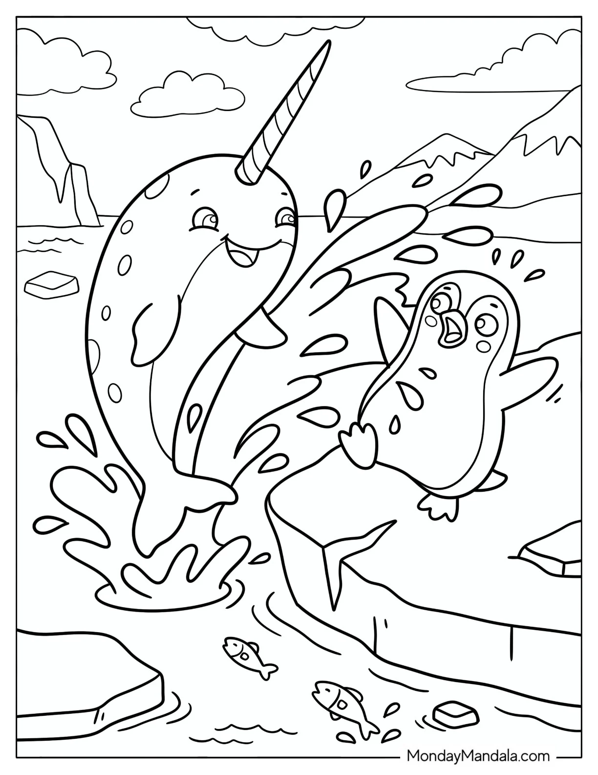Narwhal Surprising a Penguin Coloring Sheet coloring page — printable line art
