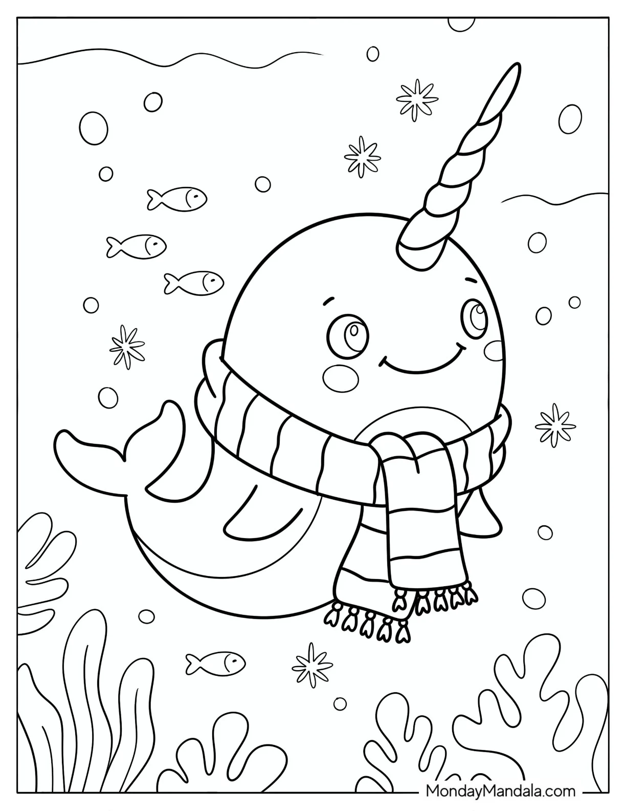 Narwhal Wearing a Striped Scarf Coloring Page for Kids coloring page