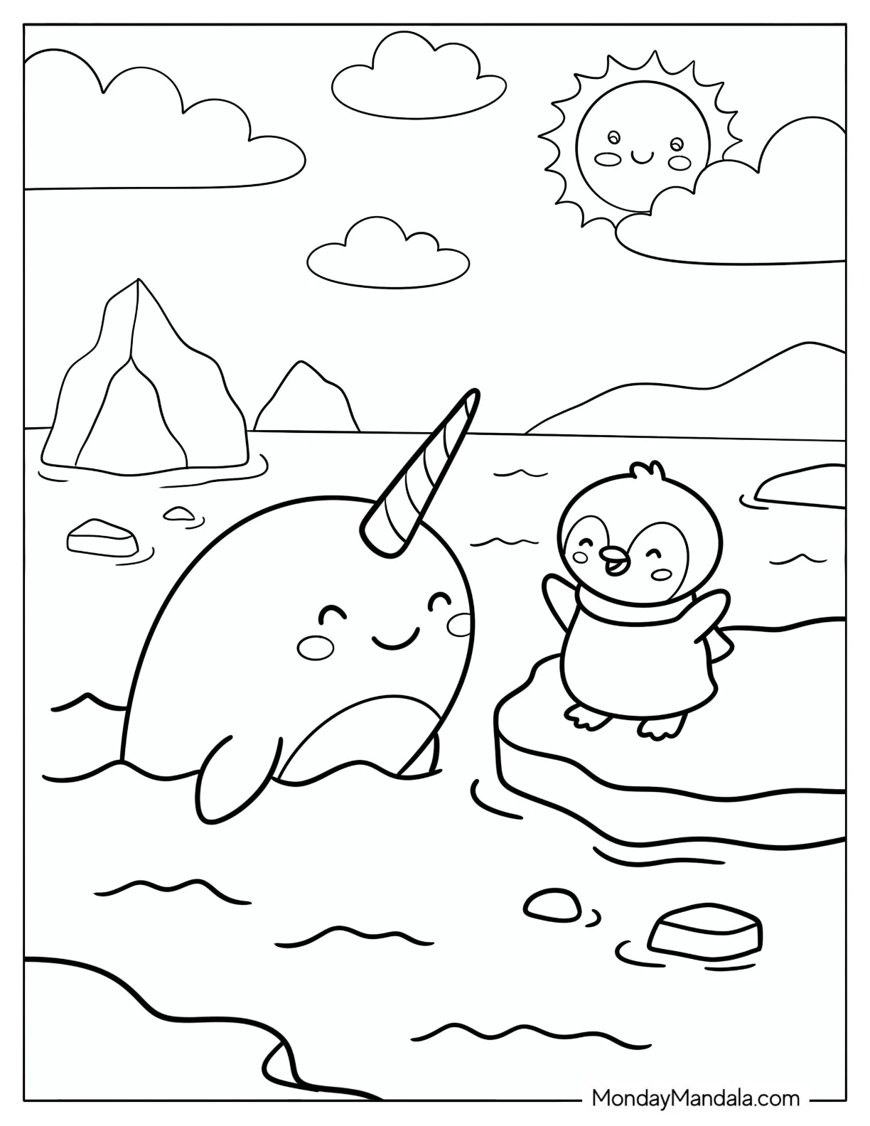 Penguin with Scarf Dancing for Narwhal Coloring Page for Kids coloring page