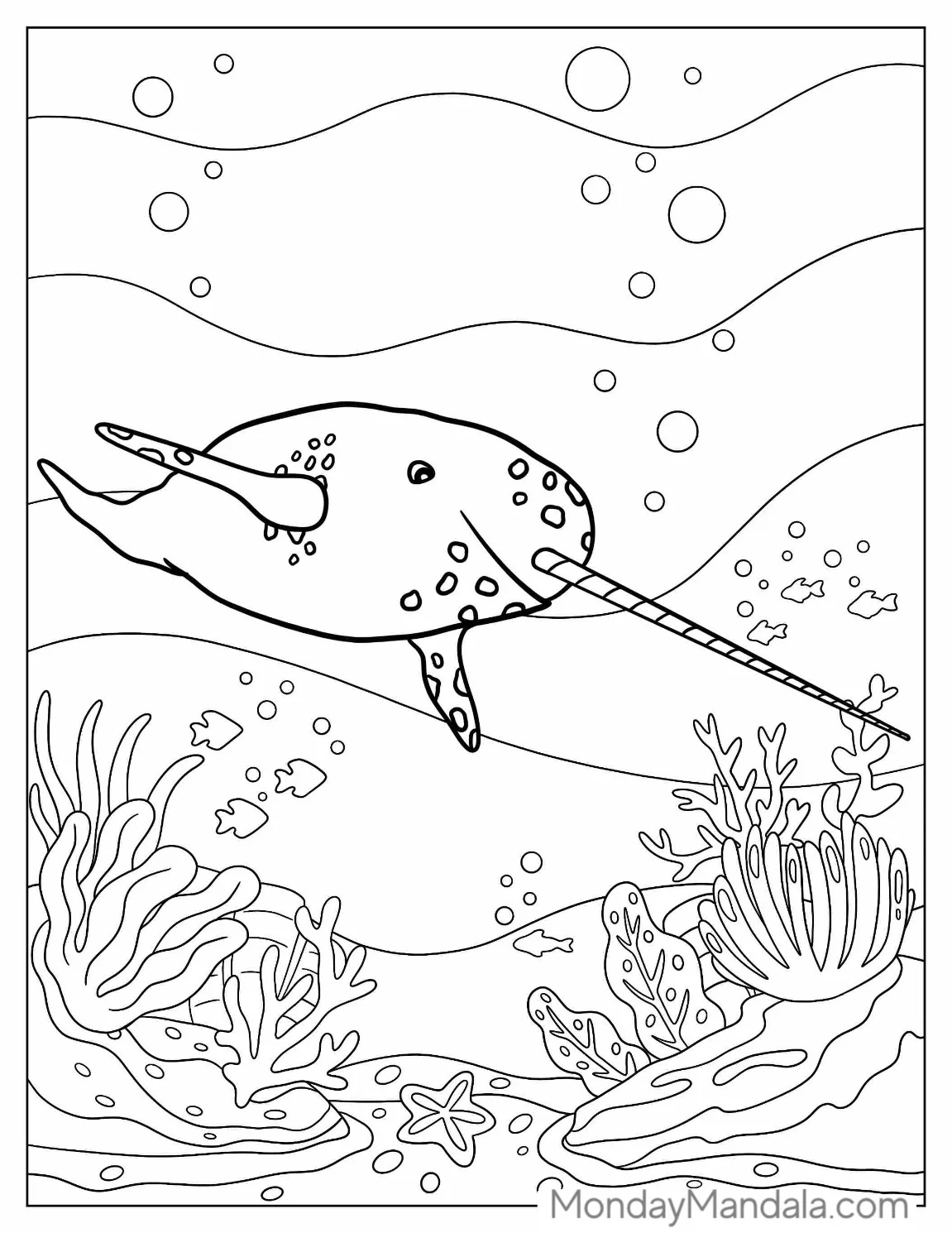 Realistic Narwhal Coloring Page With Long Tusk To Color coloring page