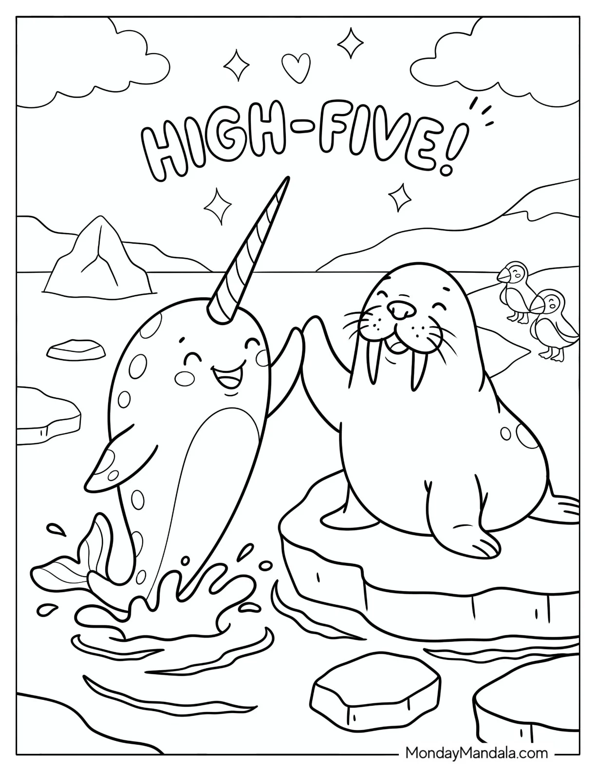 Seal giving Narwhal a High Five in the Arctic Coloring Page coloring page