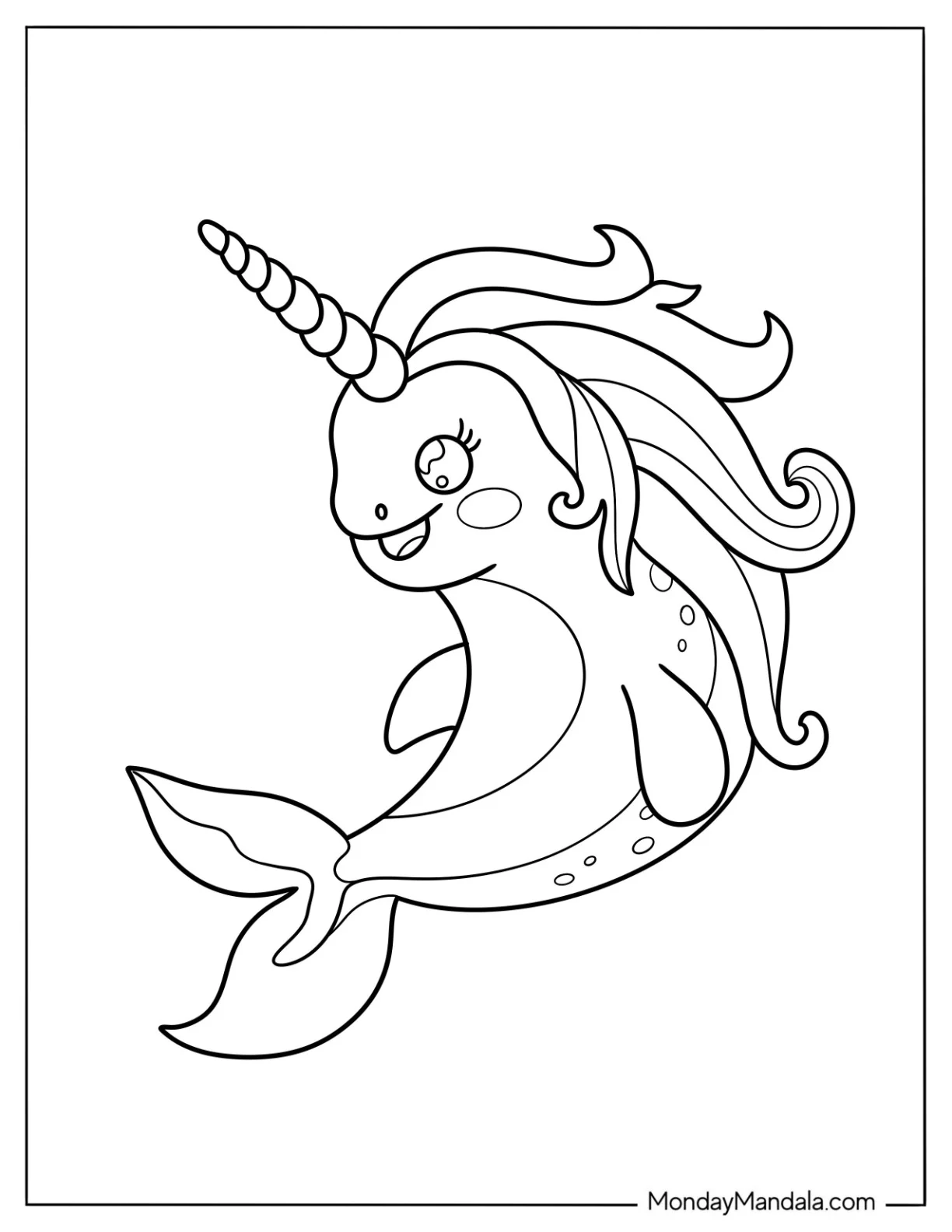 Simple Narwhal Coloring Page With Mane For Preschoolers coloring page — printable line art