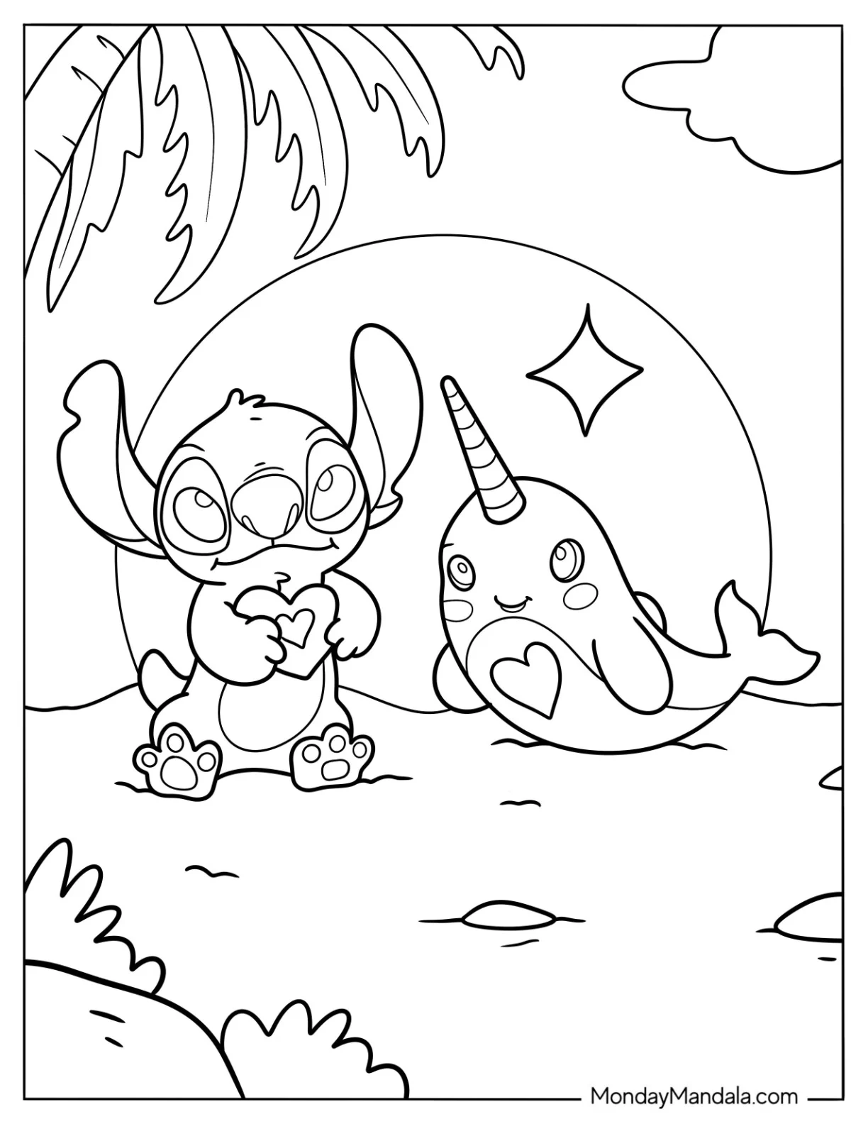 Stitch And A Narwhal Coloring Page Lounging At The Beach coloring page