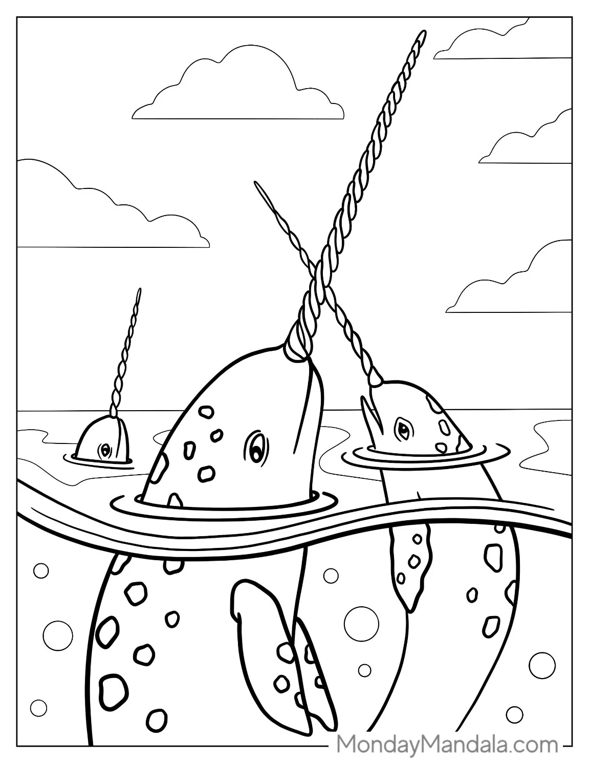 Three Realistic Narwhal Coloring Page Whales Emerging From Water coloring page