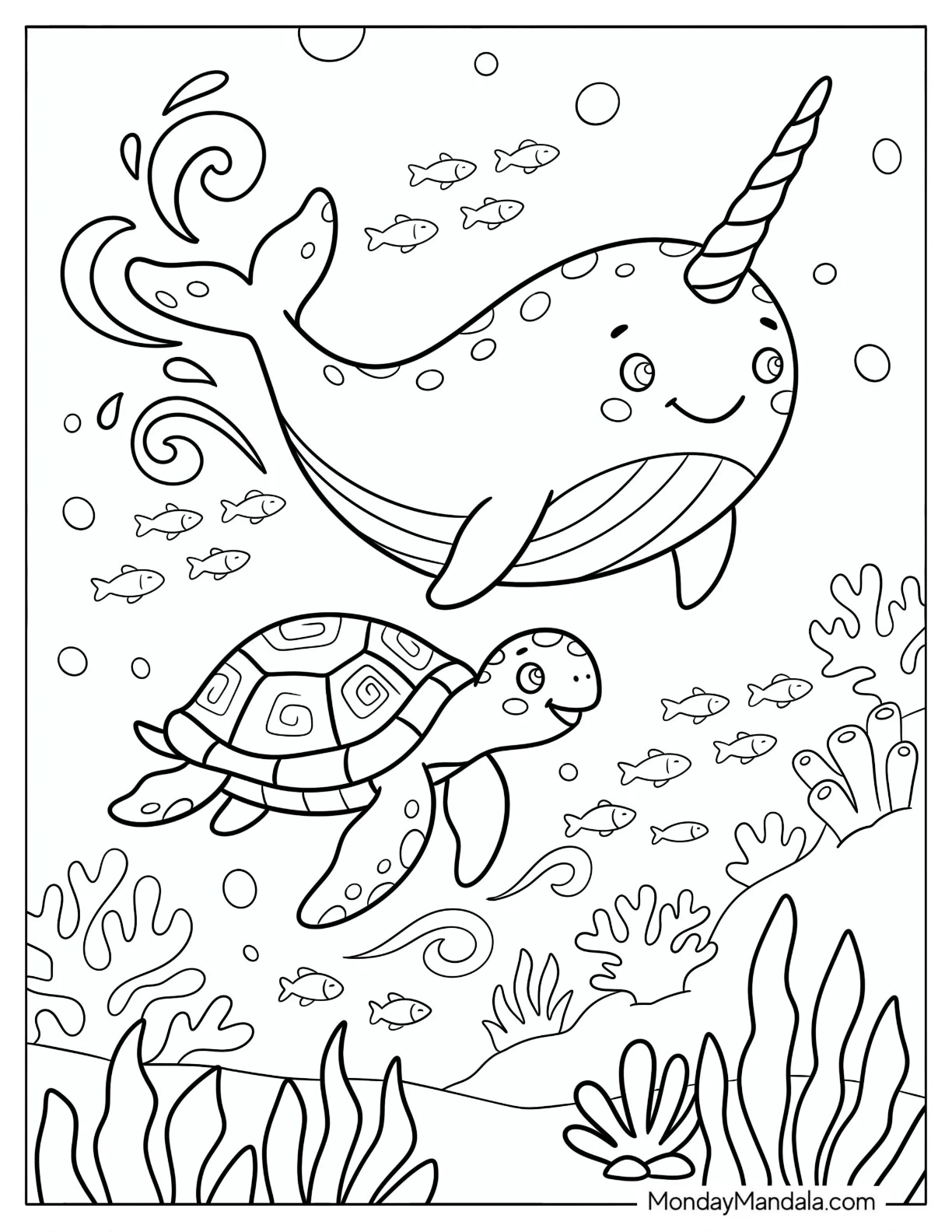 Young Turtle Swimming with a Spotted Narwhal Coloring Page coloring page