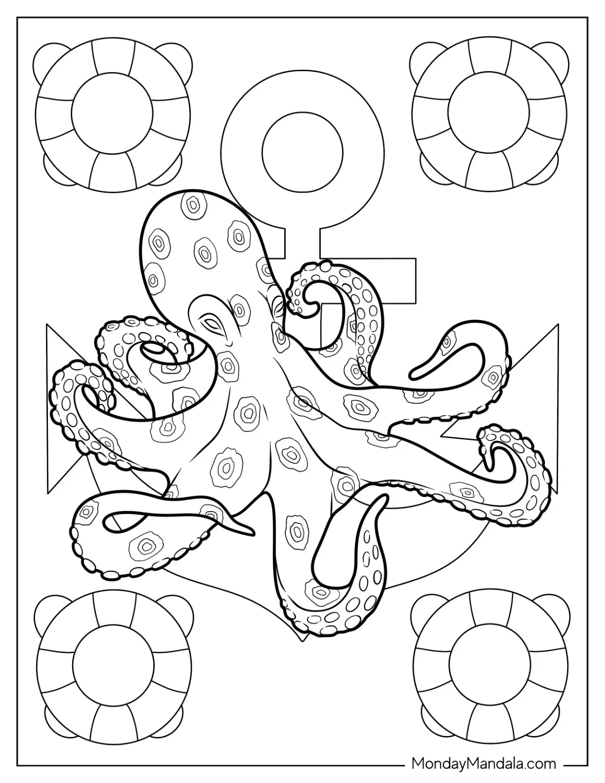 Blue Ring Octopus Coloring Page With Detailed Tentacles In Nautical Background coloring page
