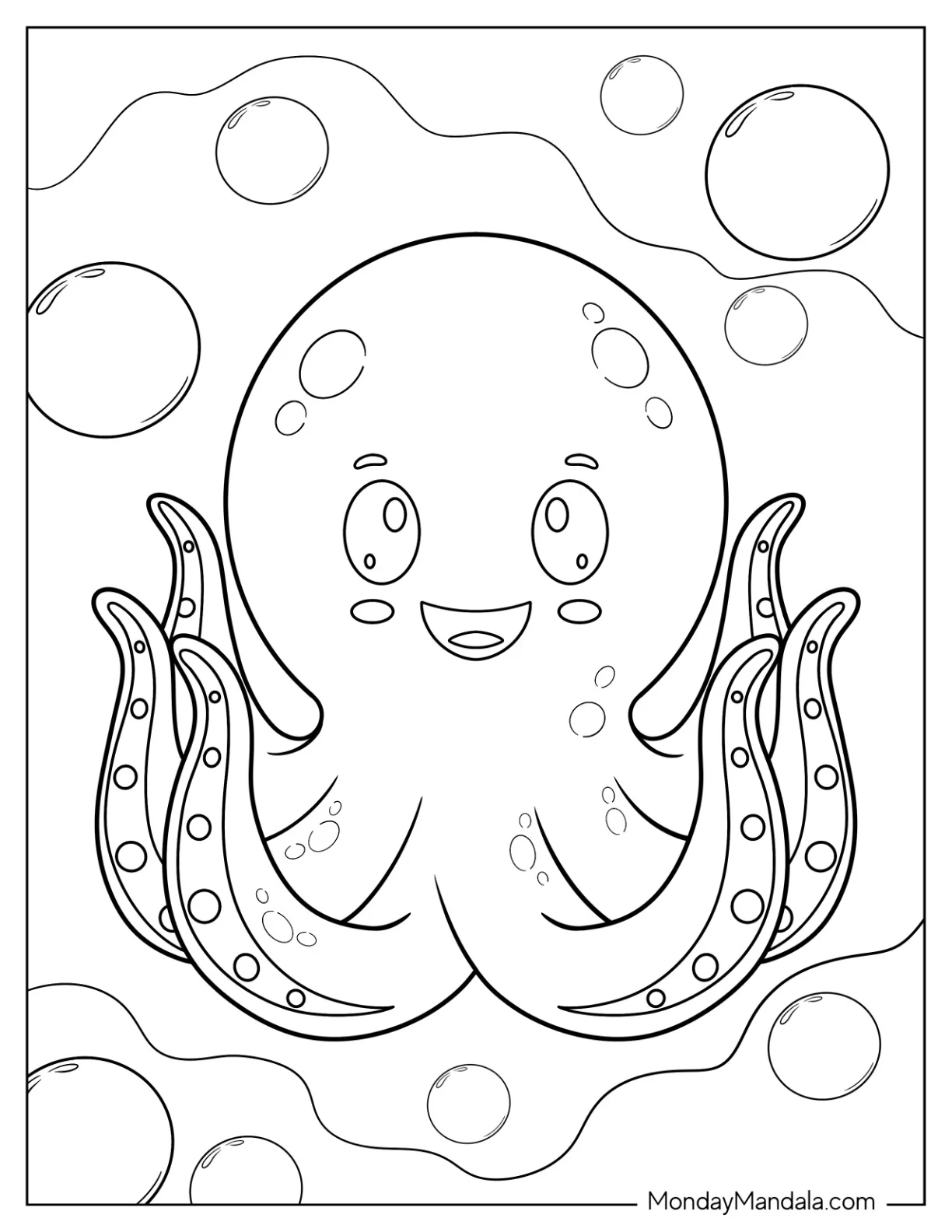 Cartoon Octopus Coloring Page With Bubbles coloring page