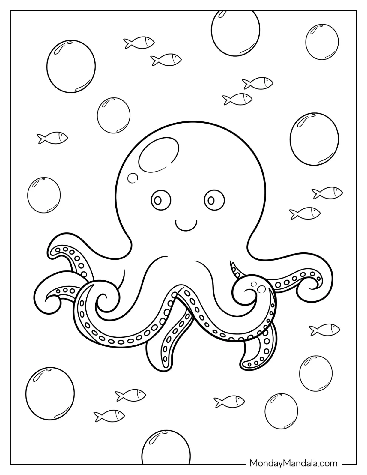 Chibi Octopus Coloring Page Swimming With Fish coloring page