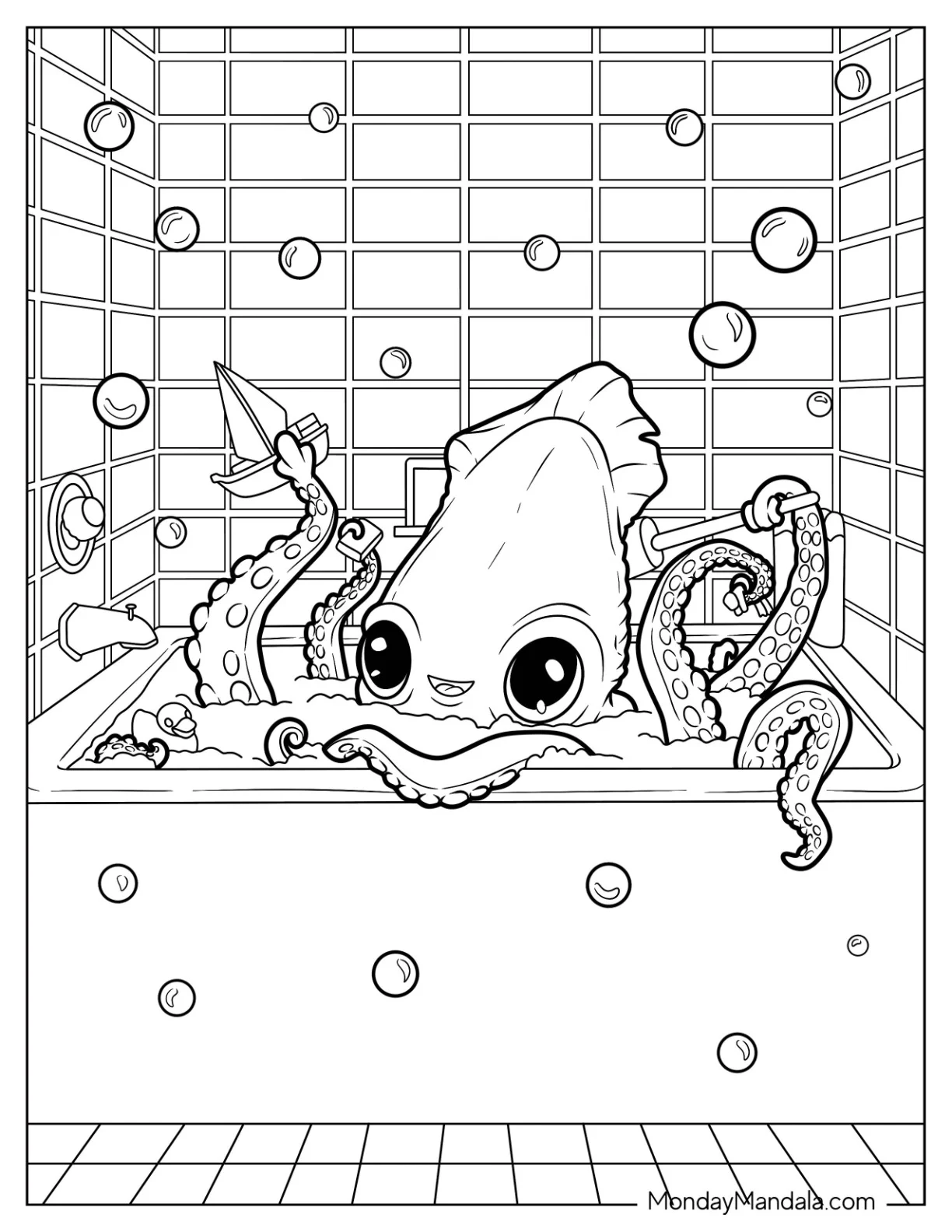 Cute Baby Octopus Coloring Page Having Bubble Bath coloring page