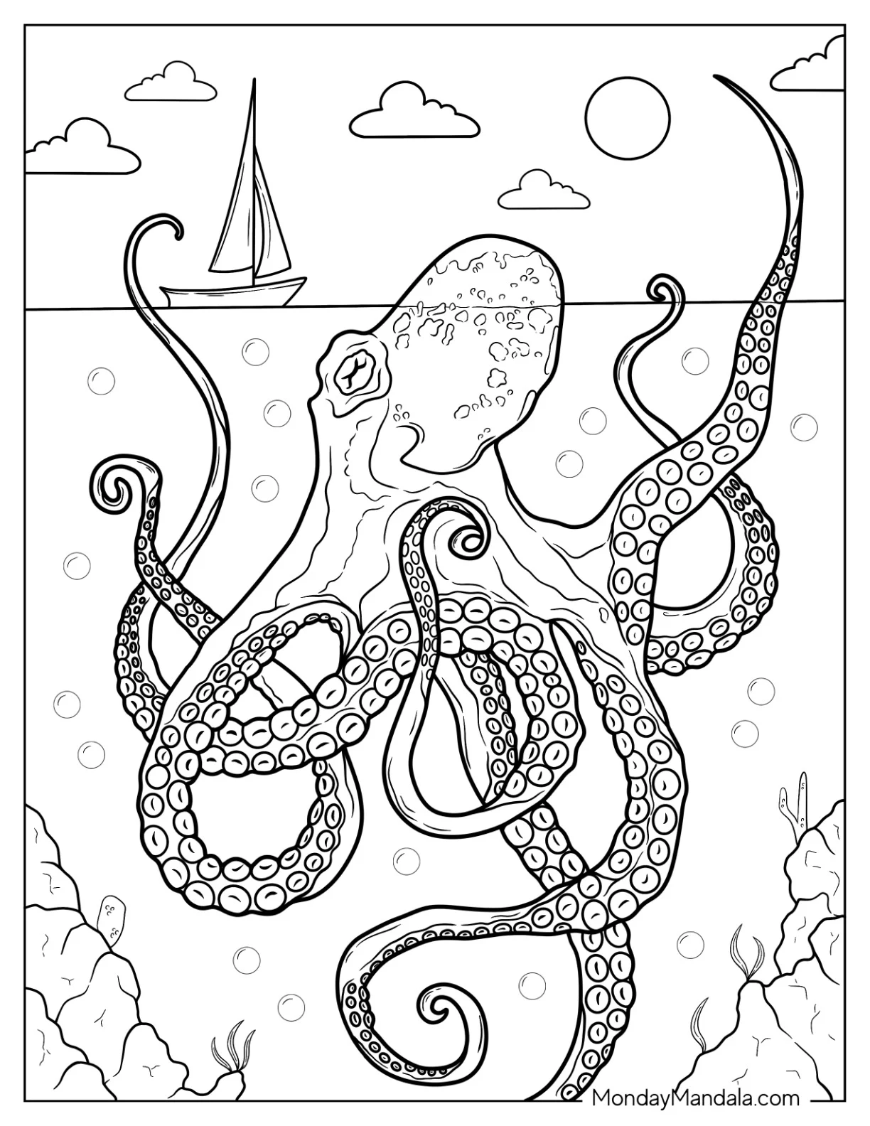 Gian Octopus Coloring Page Peering At Boat coloring page