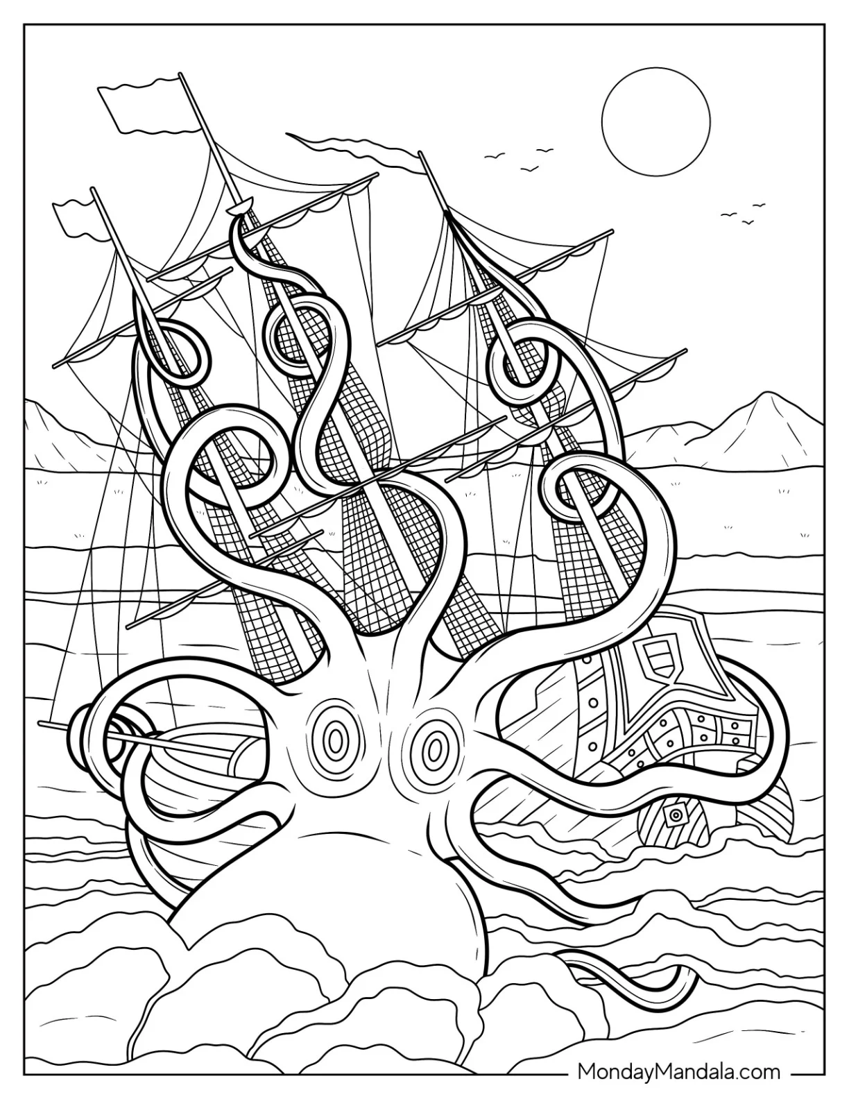 Giant Kraken Octopus Coloring Page Capturing Ship coloring page