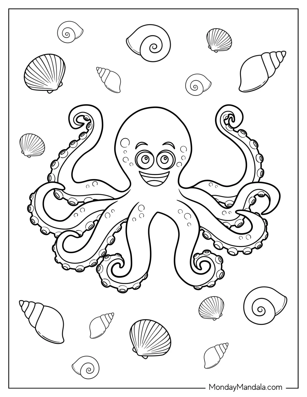 Grinning Cartoon Octopus Coloring Page In The Sea With Shells coloring page