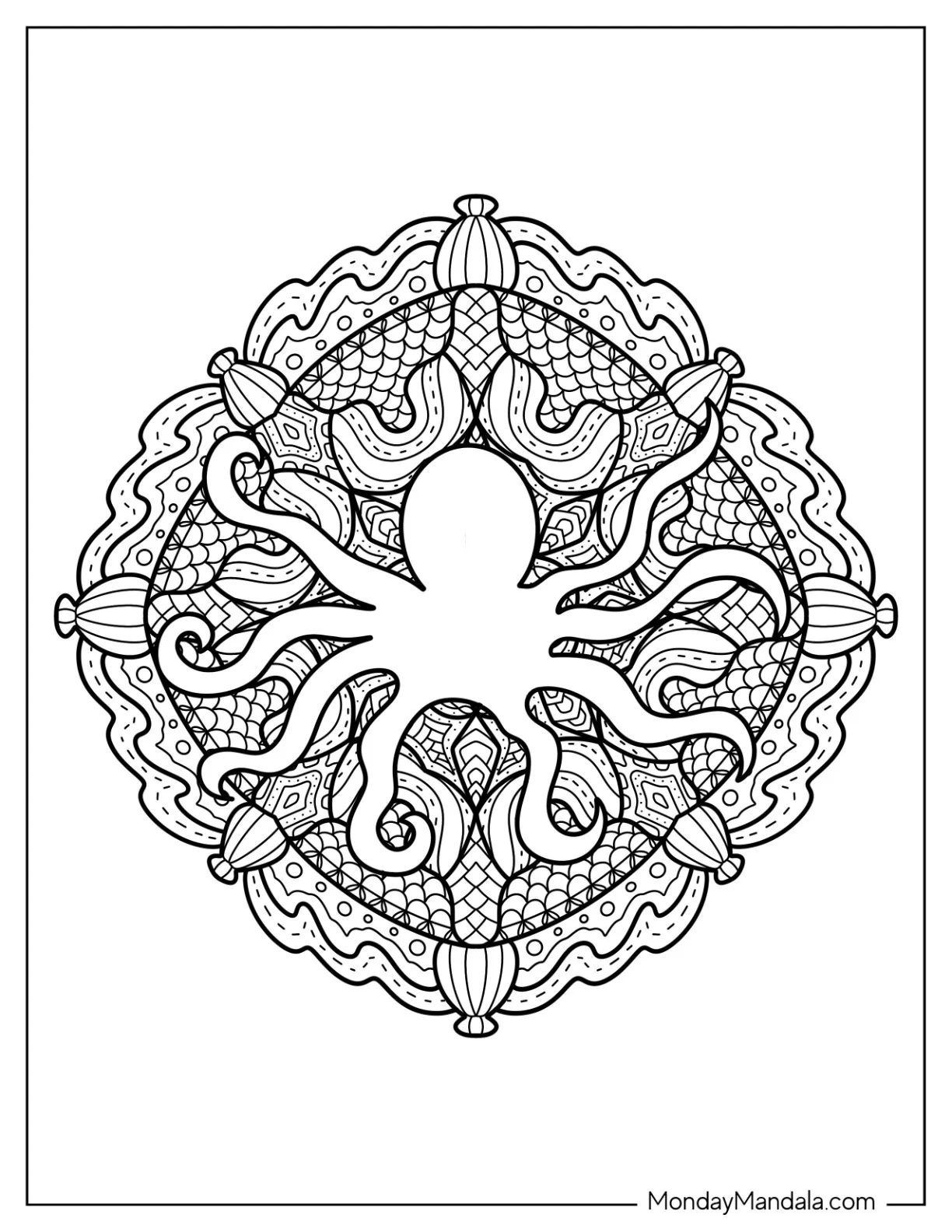 Intricate Nautical Mandala With Octopus Coloring Page In The Middle coloring page