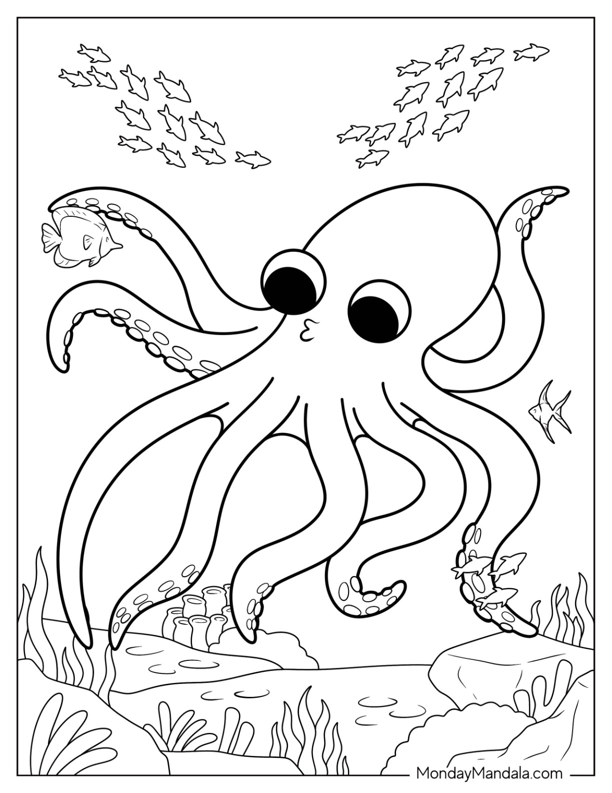 Kawaii Octopus Coloring Page Swimming With Fish coloring page
