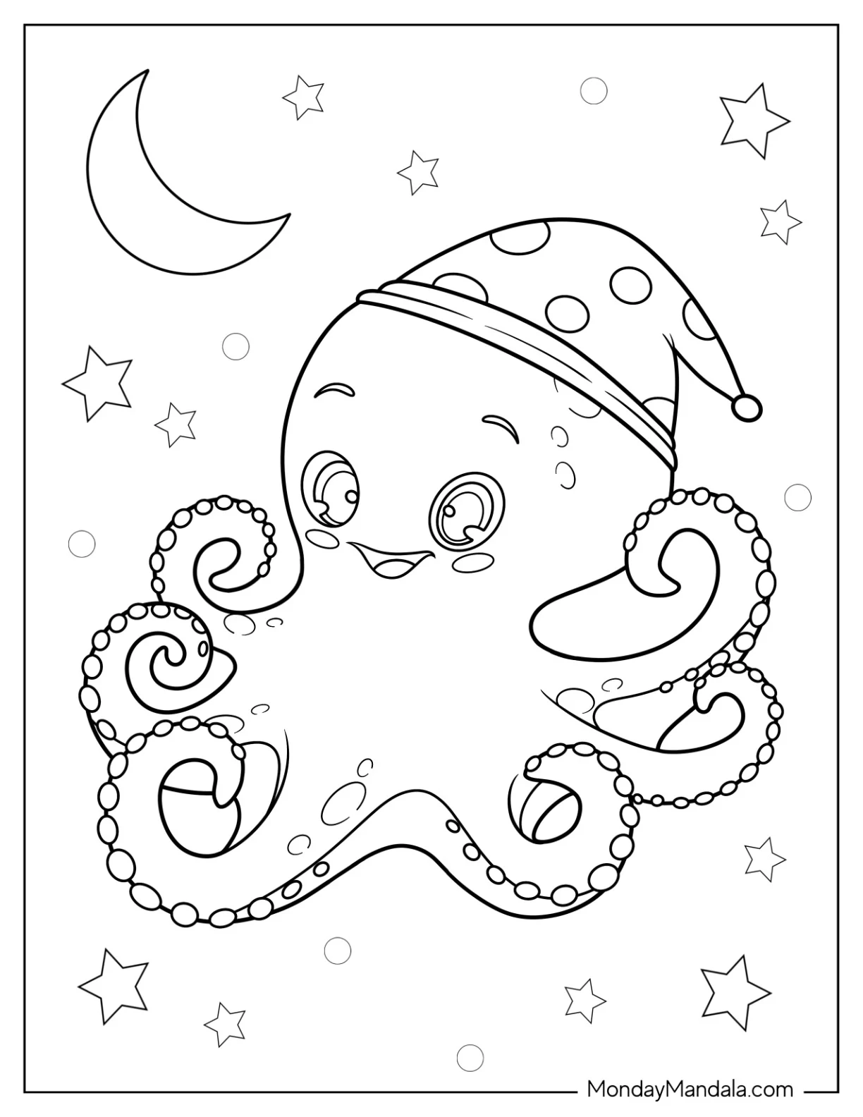 Octopus Coloring Page Wearing Night Cap coloring page