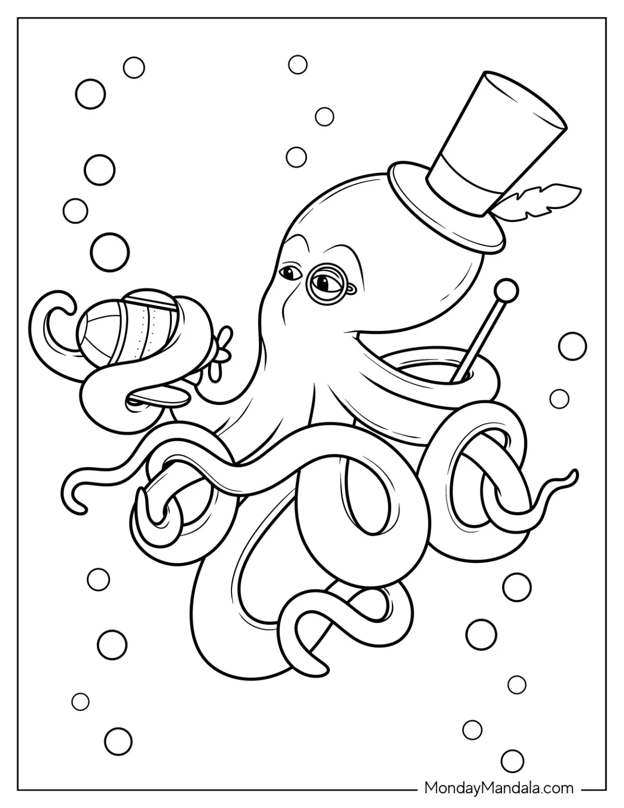Octopus Coloring Page With Monocle And Top Hat coloring page