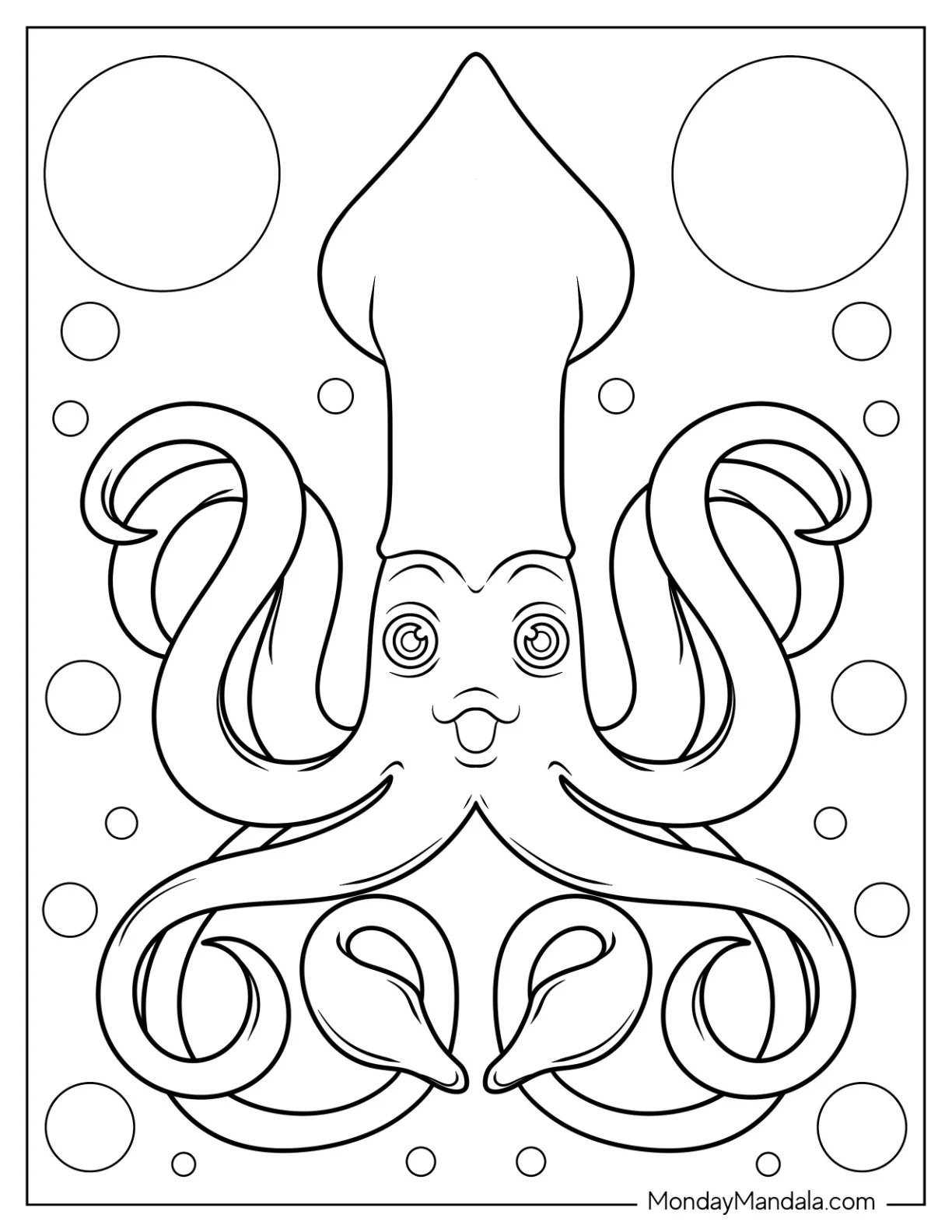Smiling Octopus Squid Coloring Page For Kids coloring page