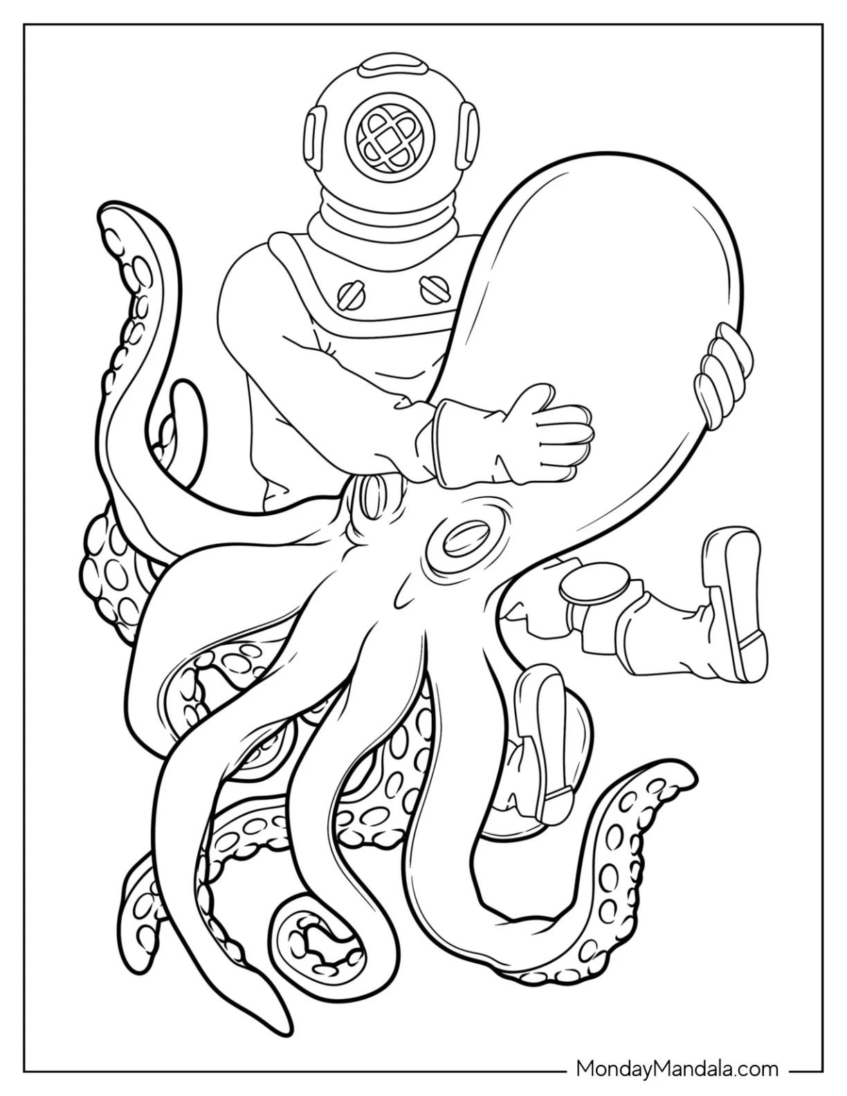 Vintage Diver Holding Octopus Coloring Page coloring page