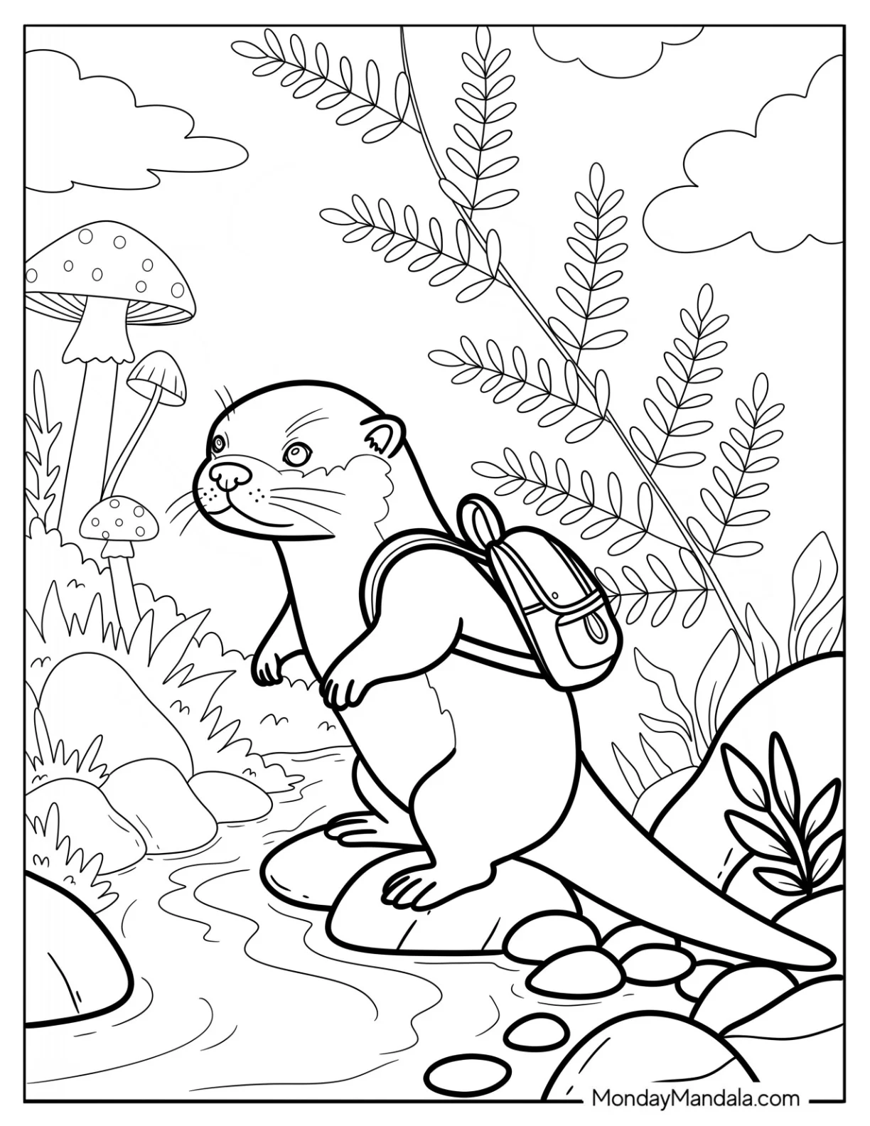 Adventurous Otter Coloring Page with Backpack Crossing a River coloring page