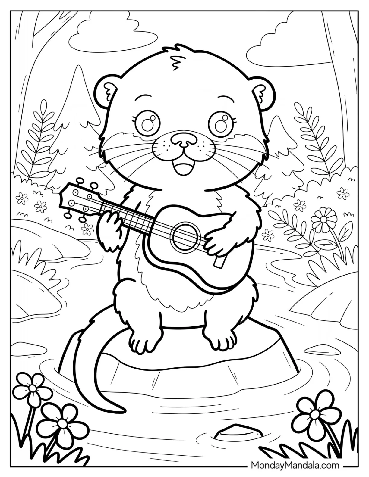 Chibi Otter Coloring Page Playing the Guitar on a Stone in the Forest for Kids coloring page