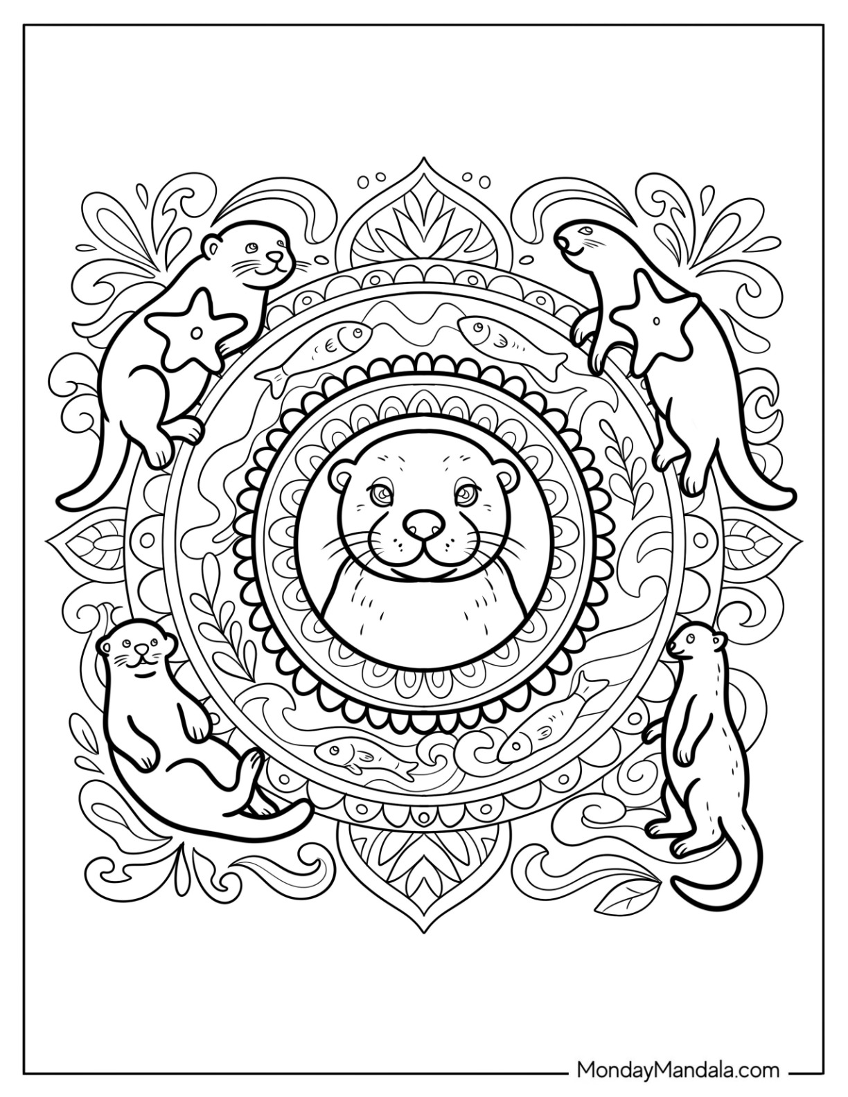 Elegant Otter Coloring Page Mandala with Floral Patterns and Fish coloring page