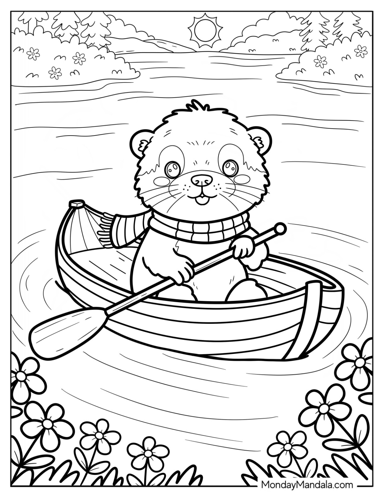 Furry Otter Coloring Page with a Scarf Rowing a Boat in the Lake coloring page