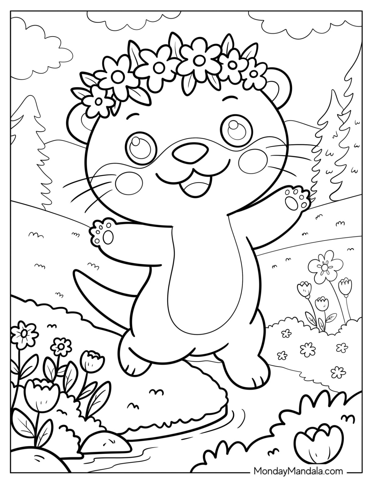 Happy Otter Coloring Page with Flower Crown Dancing in the Park for Kids coloring page — printable line art