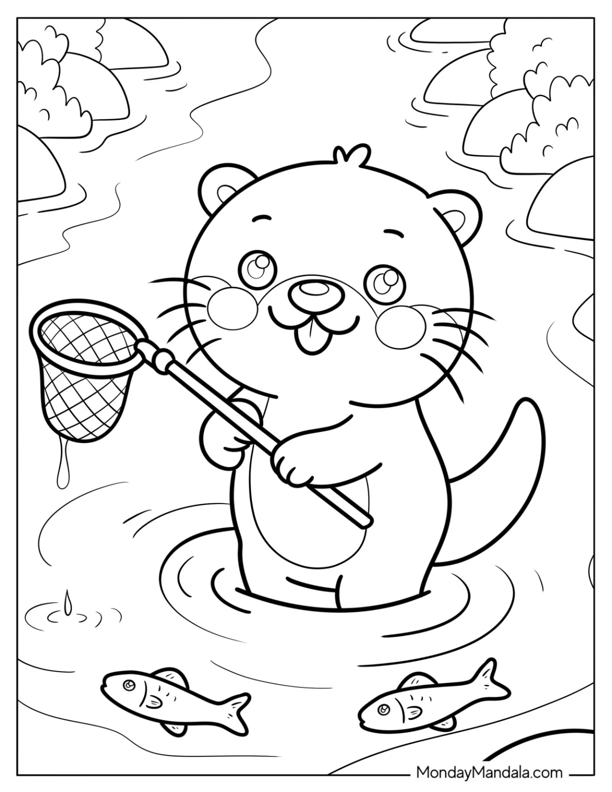 Kawaii Otter Coloring Page Holding a Fishing Net in the River coloring page — printable line art