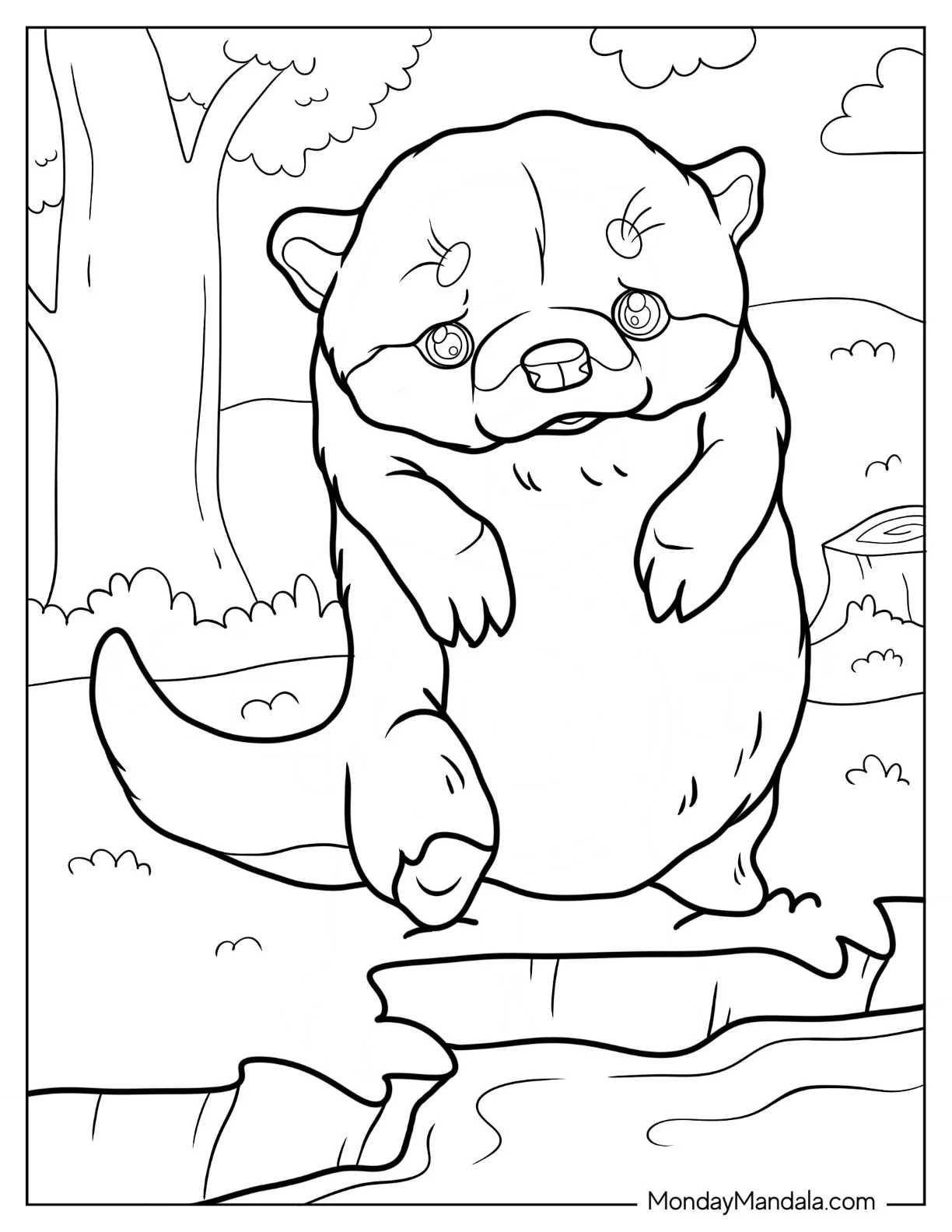Kawaii Otter Coloring Page In The Forest For Kids coloring page — printable line art
