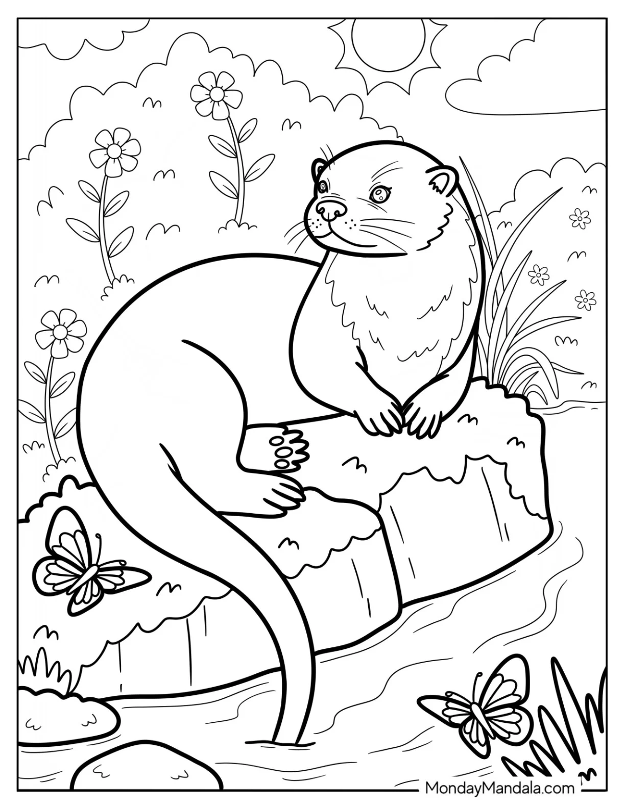Large Otter Coloring Page Resting by the River with Flowers and Butterfly coloring page — printable line art