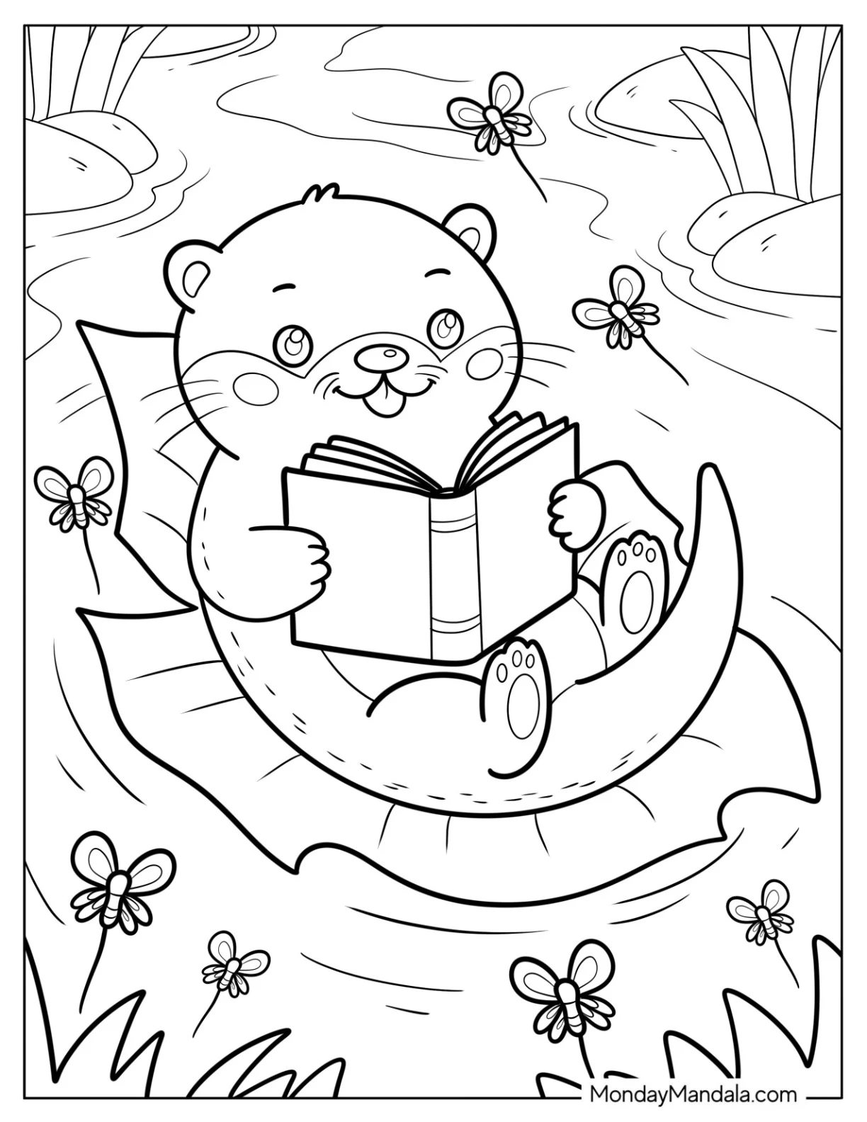 Nerdy Otter Coloring Page Reading a Book While Floating on a Leaf for Kids coloring page