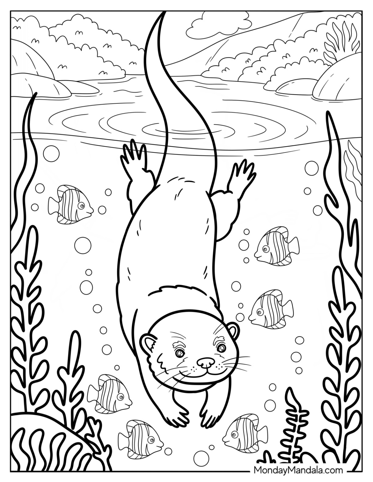 Otter Coloring Page Diving Deep in the Water with Fish coloring page
